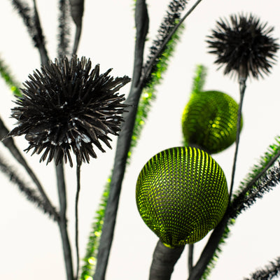 27" Metallic Fabric Ball & Thistle Spray: Lime Green & Black