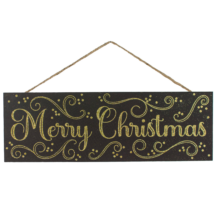 15" Wooden Sign: Merry Christmas Glitter Swirls - Black & Gold