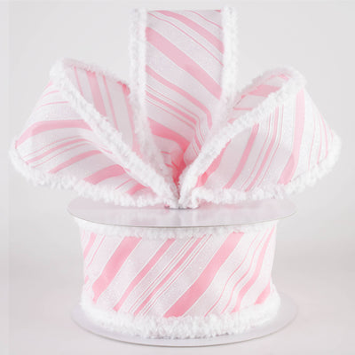 2.5" Iridescent Diagonal Stripe Candy Cane Snow Edge Ribbon: Pink & White (10 Yards)