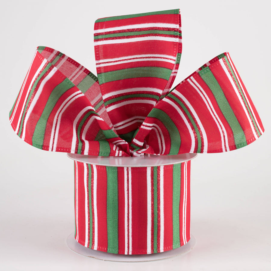 2.5" Glittered Candy Stripes Ribbon: Red, Emerald & White (10 Yards)