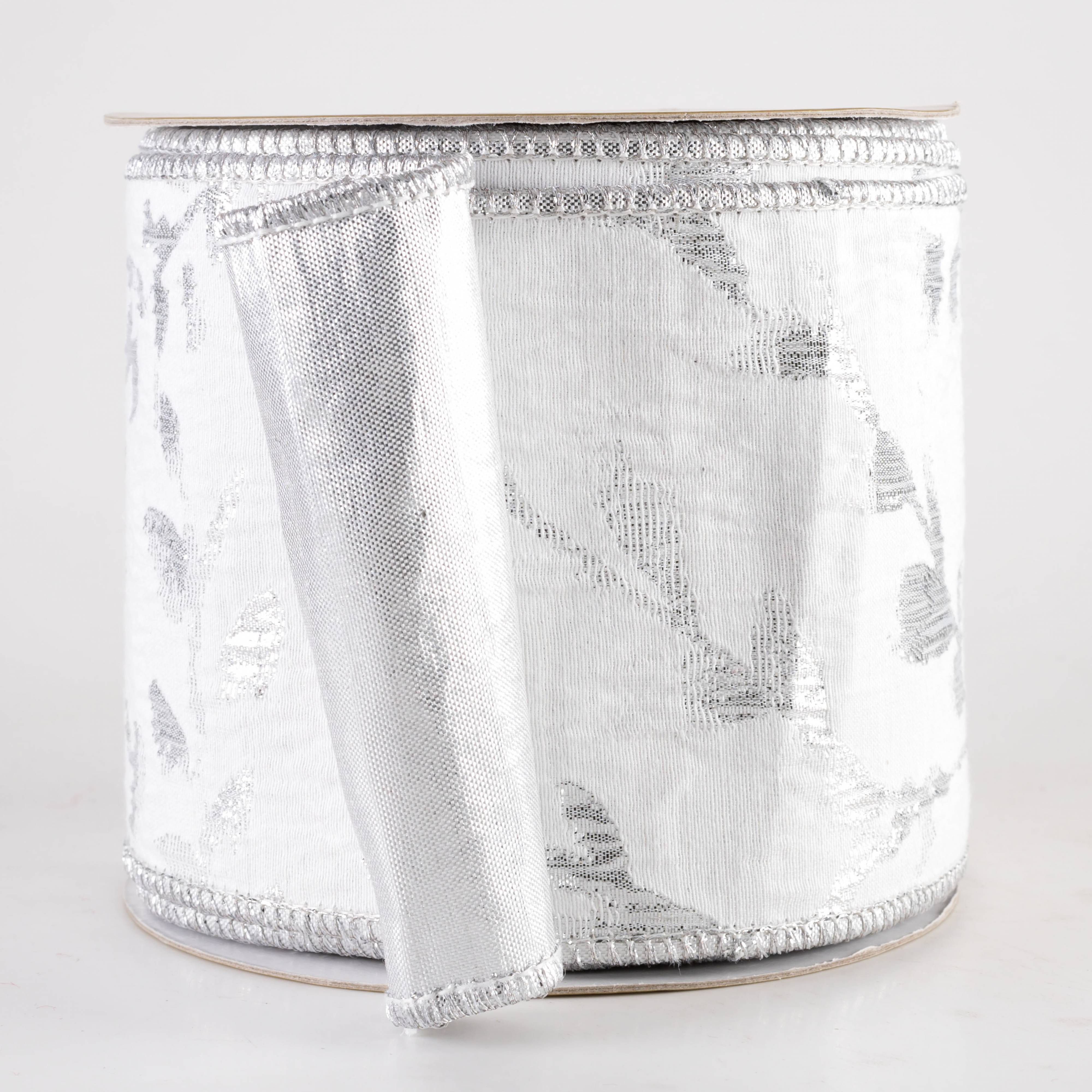 4" Designer Double Sided Metallic Leaf Ribbon: White & Platinum Silver (10 Yards)