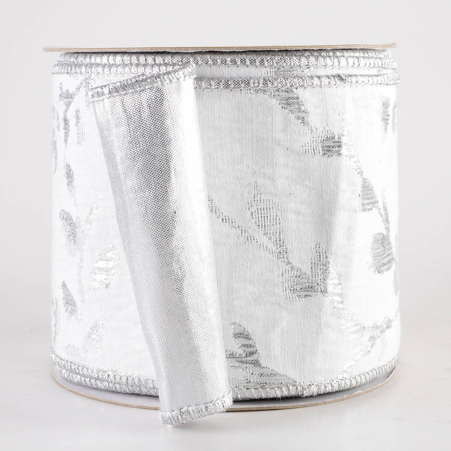 4" Designer Double Sided Metallic Leaf Ribbon: White & Platinum Silver (10 Yards)