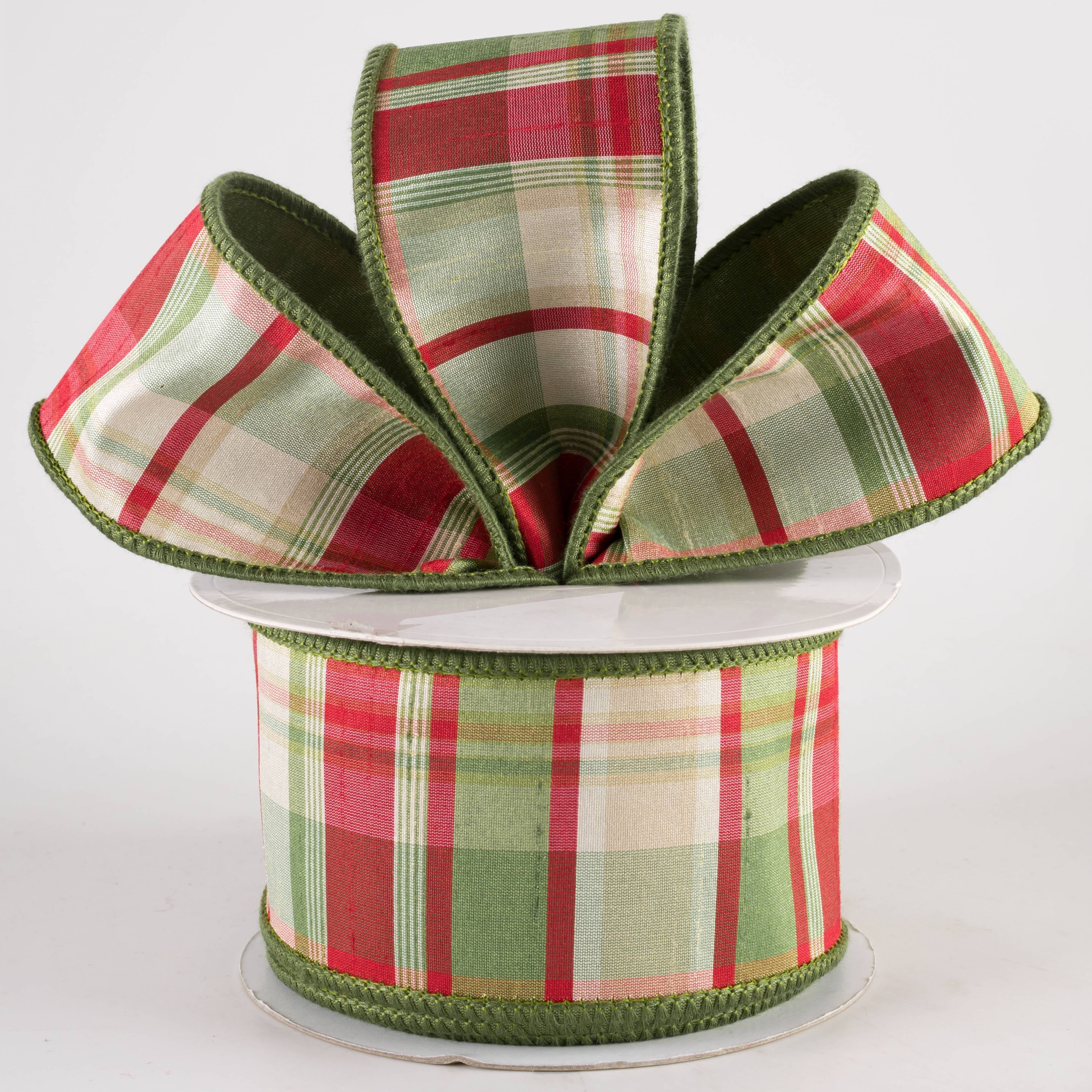 2.5" Designer Double Sided Plaid Ribbon: Red & Moss Green (10 Yards)