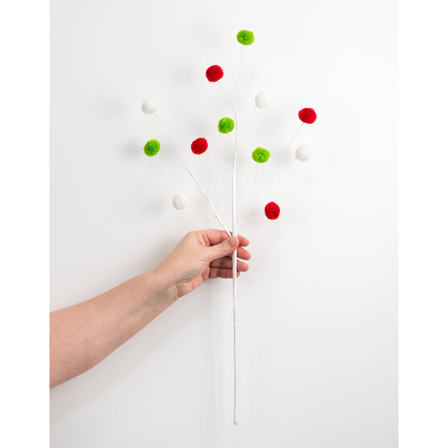 23" 3-Color Pom Pom Spray: Red, White & Lime Green