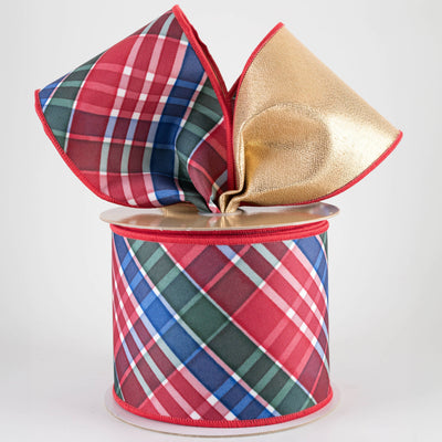 4" Double Sided Fused Diagonal Plaid Ribbon: Red, Emerald & Royal (10 Yards)