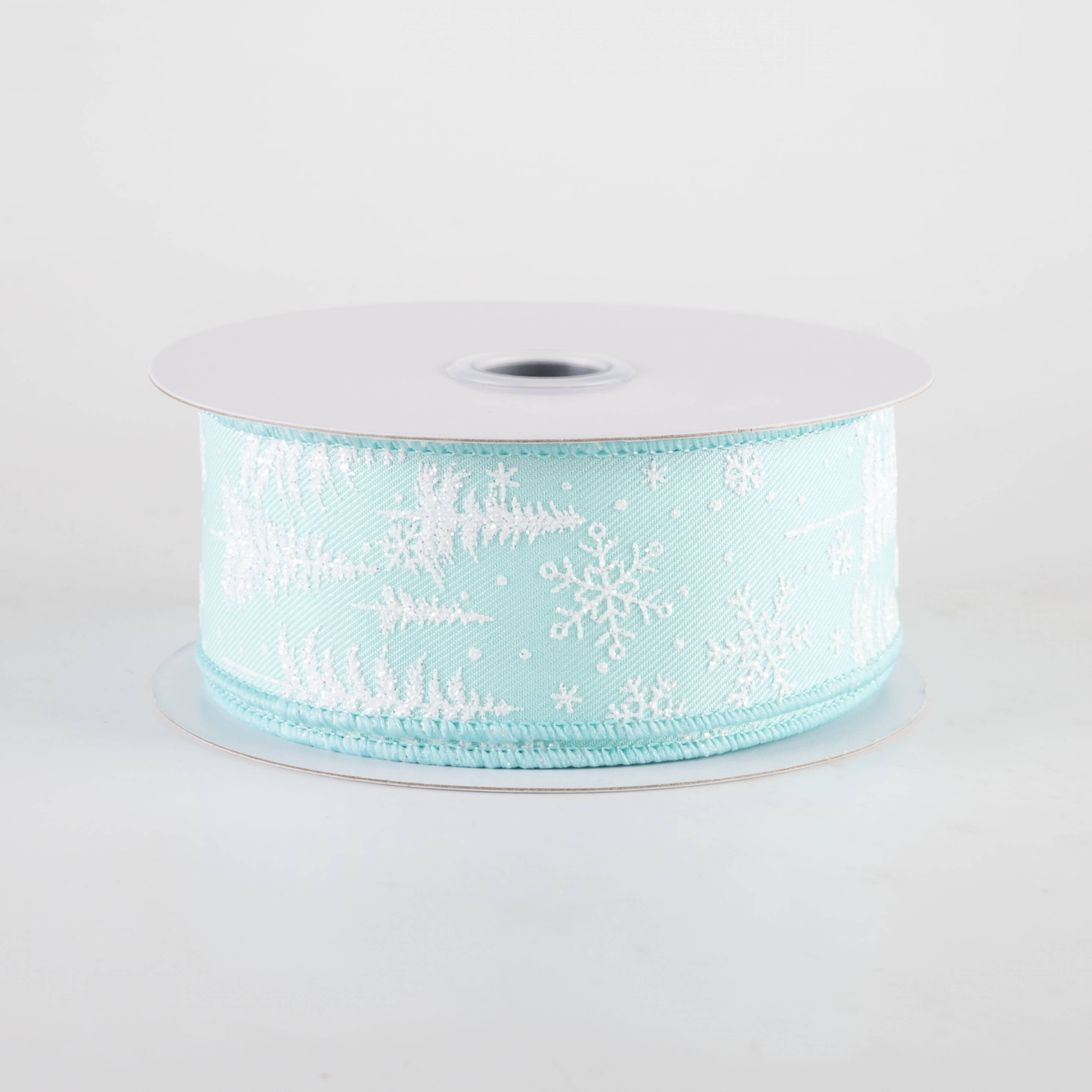 1.5" Glittered Pine Trees & Snowflakes Ribbon: Ice Blue (10 Yards)