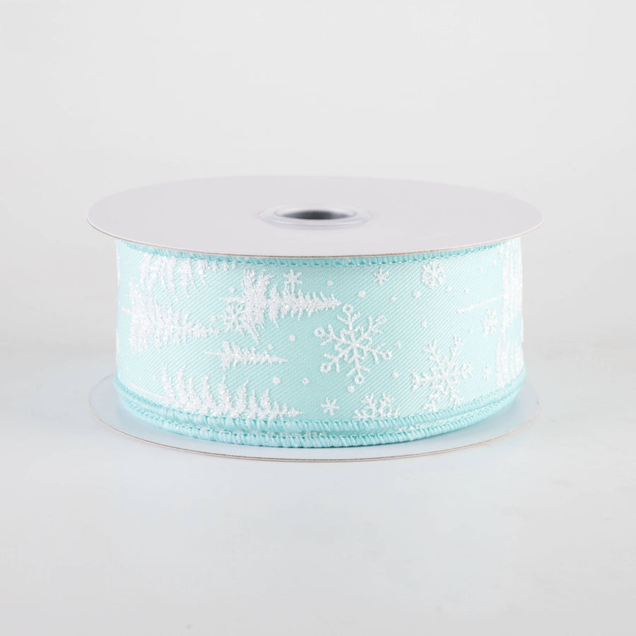 1.5" Glittered Pine Trees & Snowflakes Ribbon: Ice Blue (10 Yards)