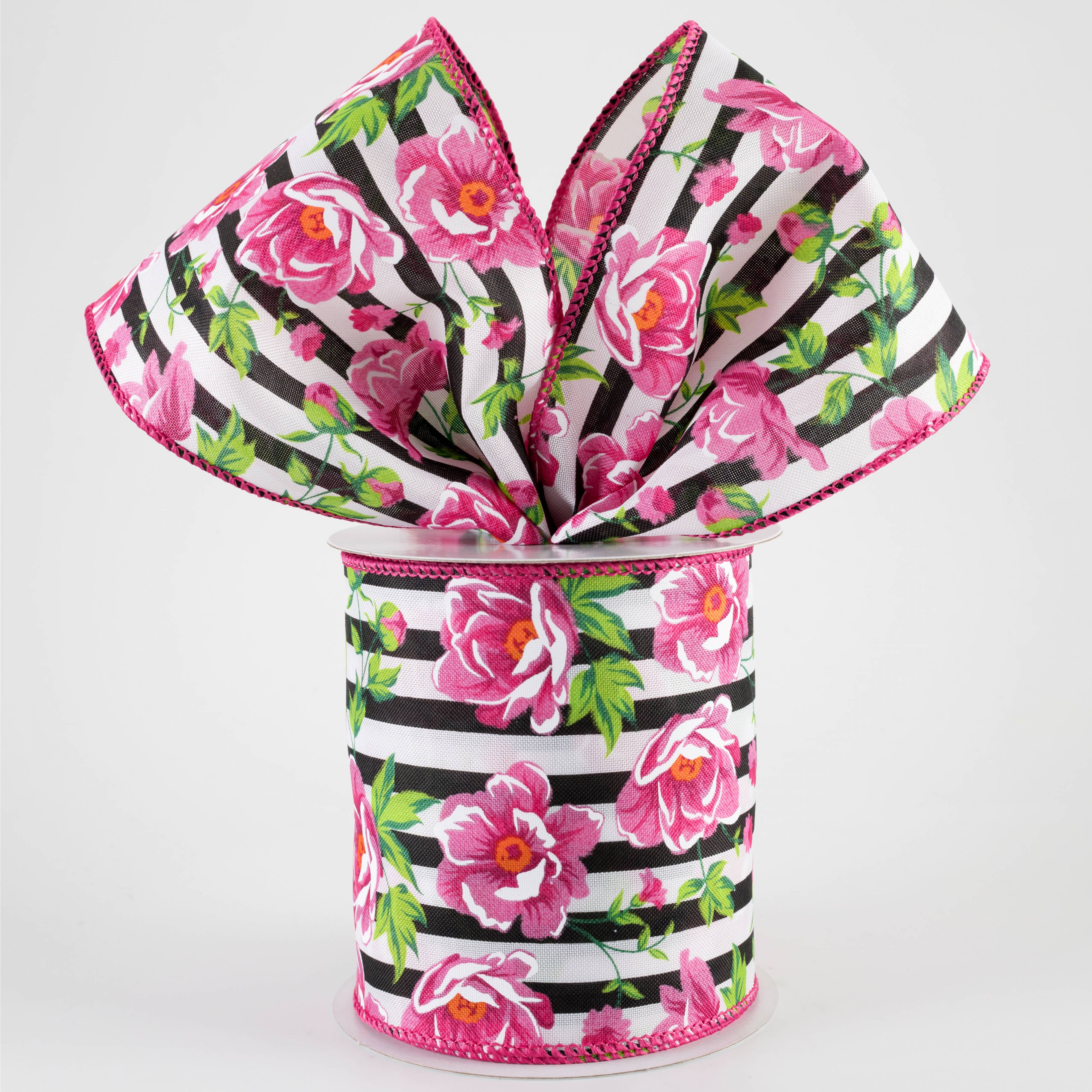 4" Fuchsia Pink Peonies on Cabana Stripe Ribbon: Black & White (10 Yards)