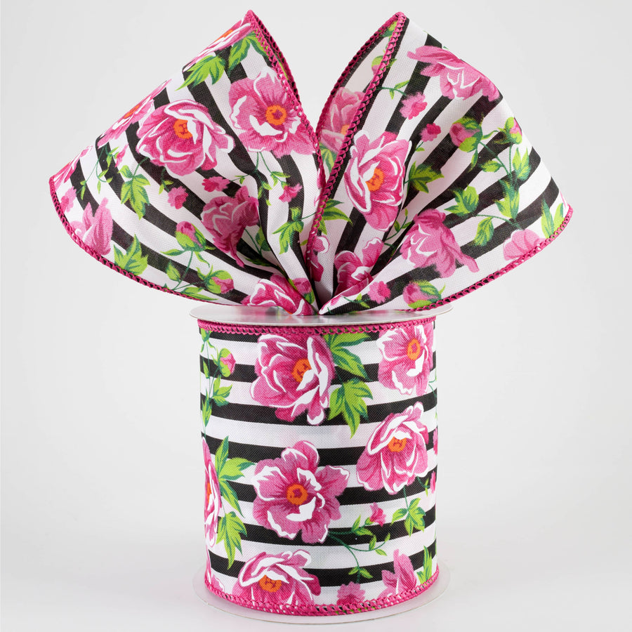 4" Fuchsia Pink Peonies on Cabana Stripe Ribbon: Black & White (10 Yards)