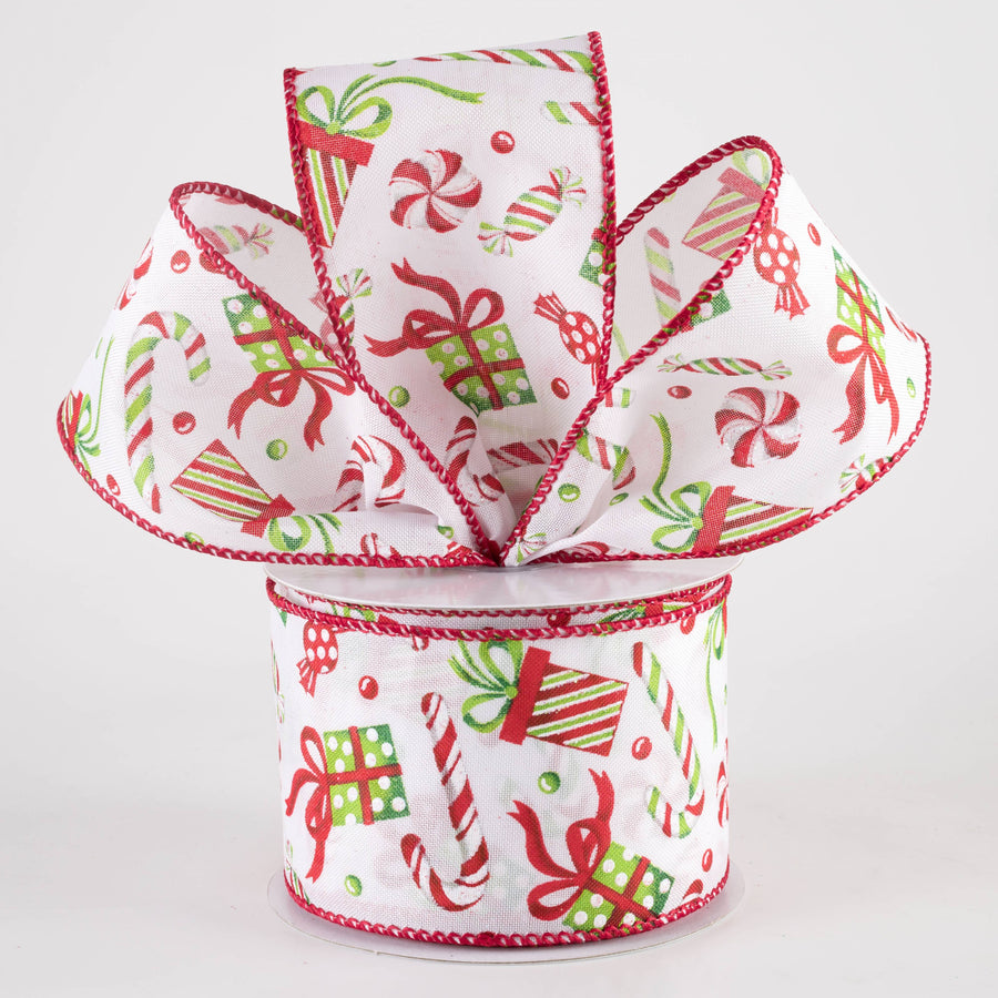 2.5" Christmas Presents & Candy Canes Ribbon: White, Red, Lime (10 Yards)