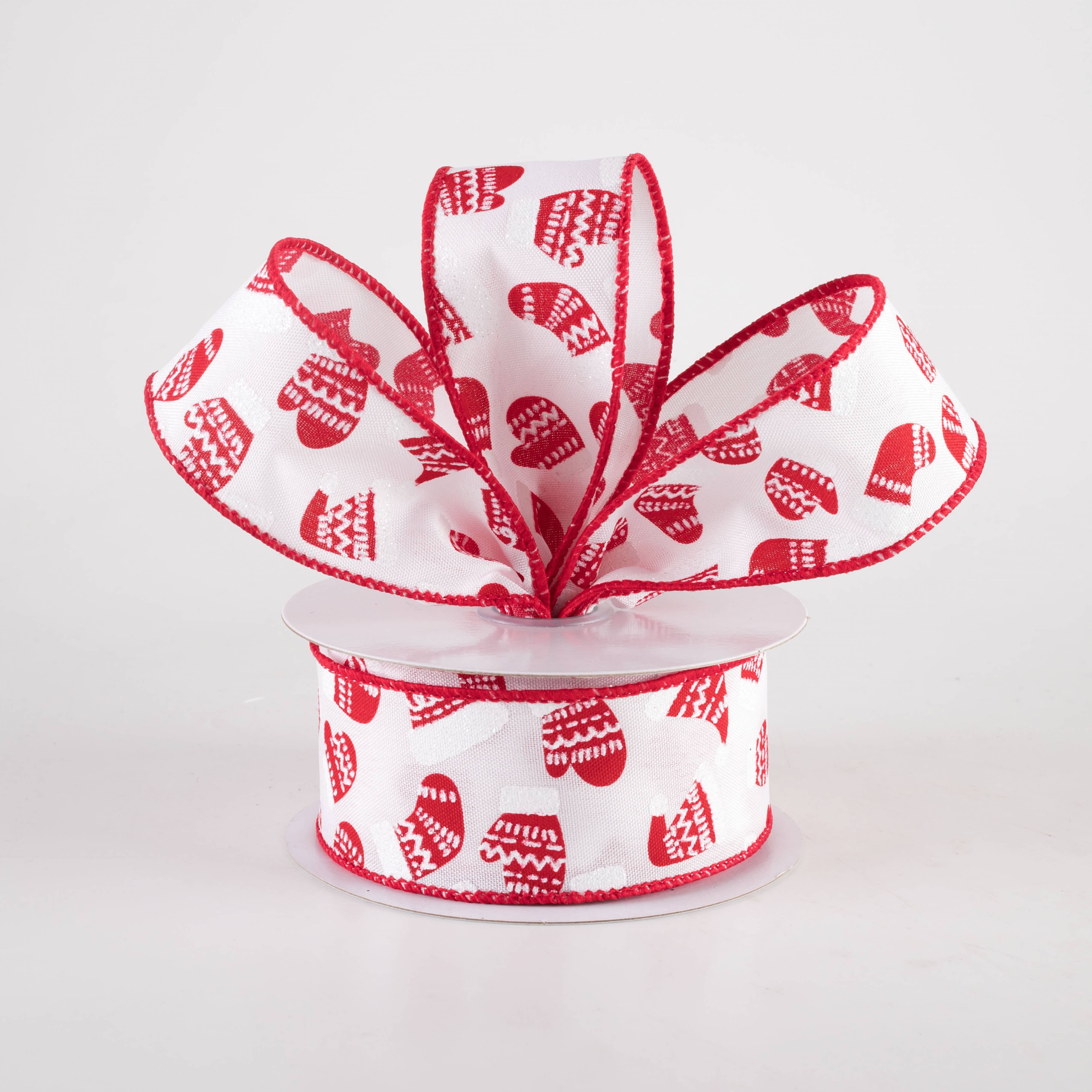 1.5" Winter Hats & Mittens Ribbon: White & Red (10 Yards)