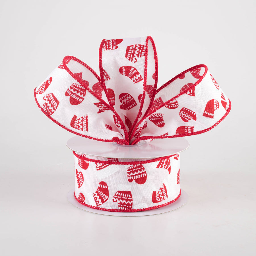 1.5" Winter Hats & Mittens Ribbon: White & Red (10 Yards)