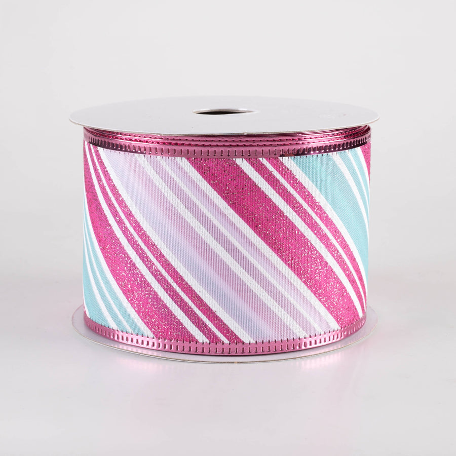 2.5" Glitter Candy Cane Stripe Ribbon: Lavender, Pink & Blue (10 Yards)