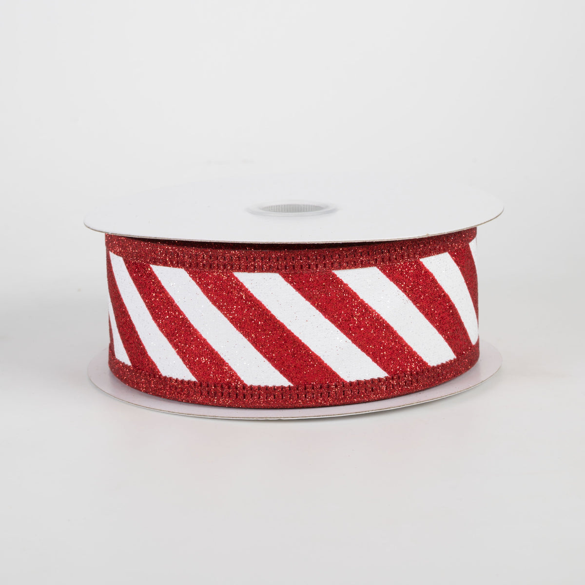 1.5" All Flat Glitter Candy Cane Stripe Ribbon: Red & White (10 Yards) Item Number: 76543-09-01