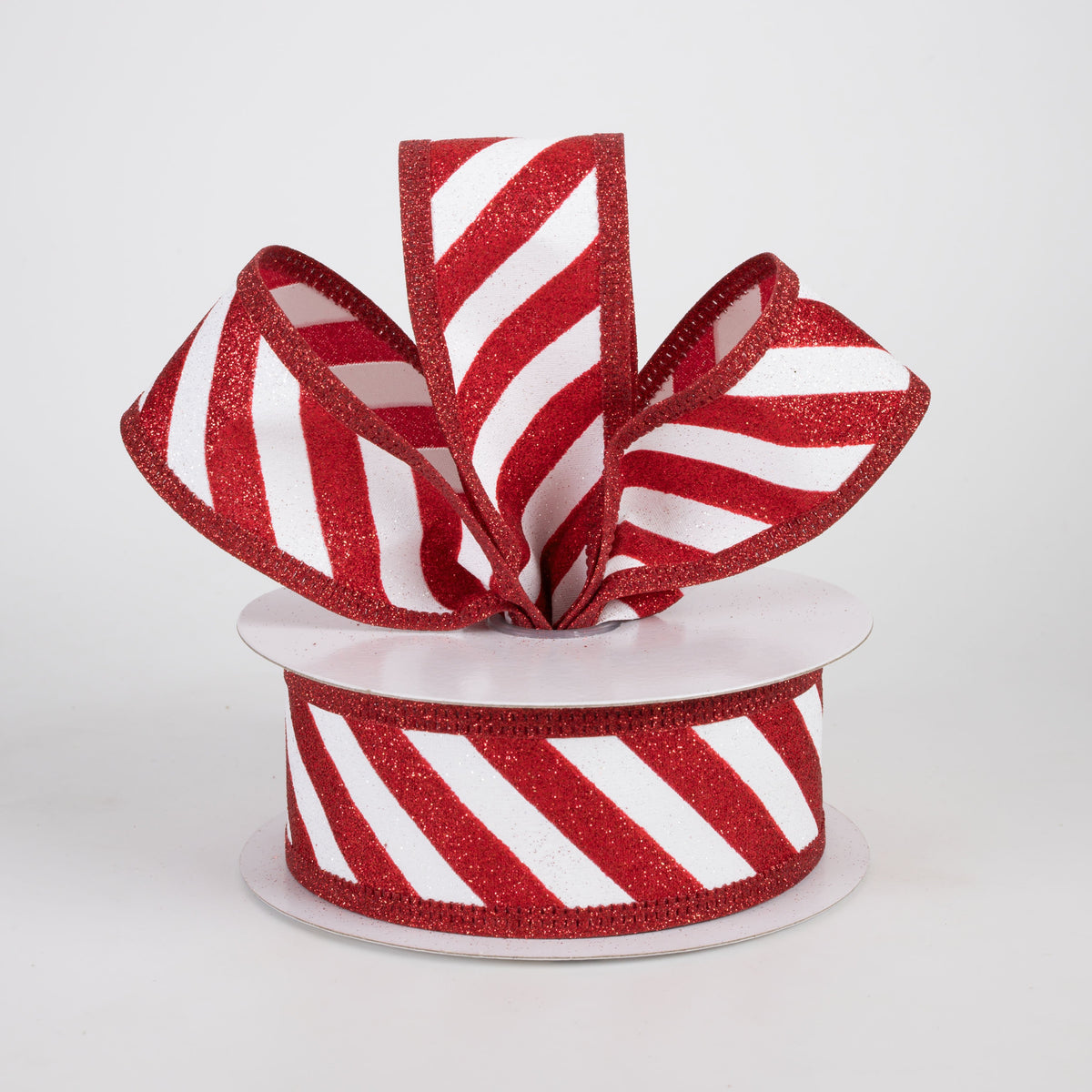 1.5" All Flat Glitter Candy Cane Stripe Ribbon: Red & White (10 Yards) Lifestyle Photo