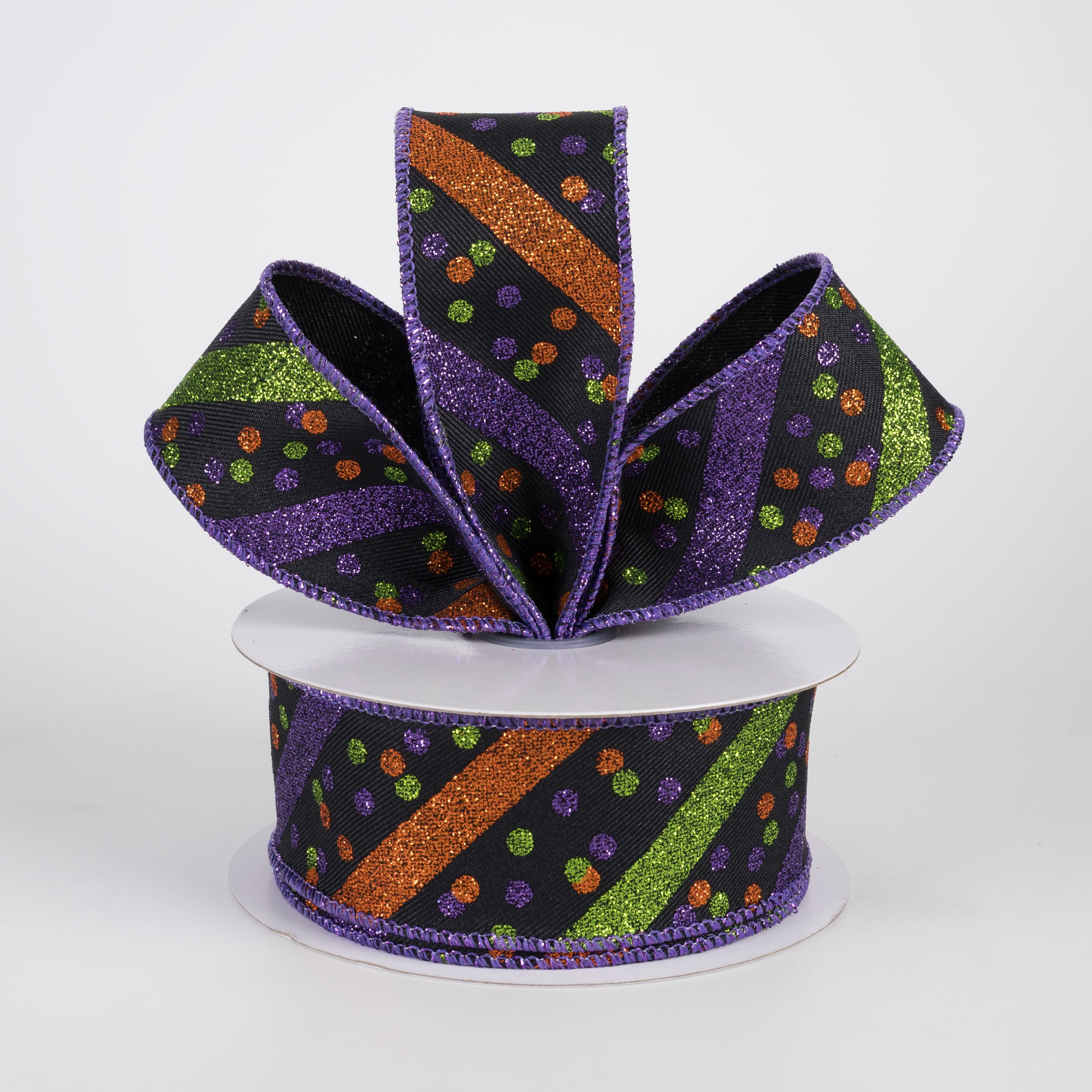 1.5" Diagonal Glitter Stripes & Confetti Dots Ribbon: Halloween (10 Yards) Lifestyle Photo