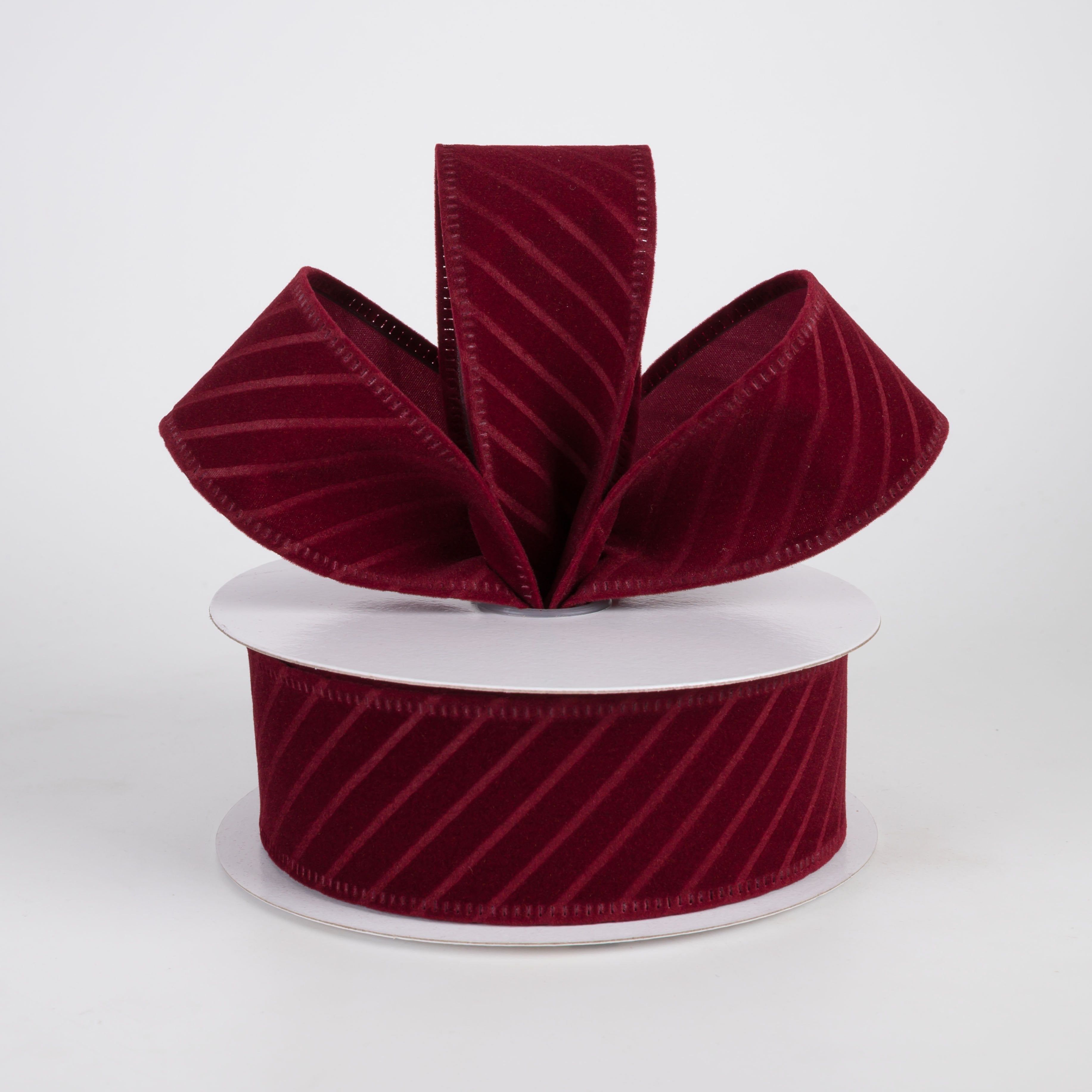 1.5" Diagonal Line Pressed Flat Velvet Ribbon: Burgundy (10 Yards) Lifestyle Photo