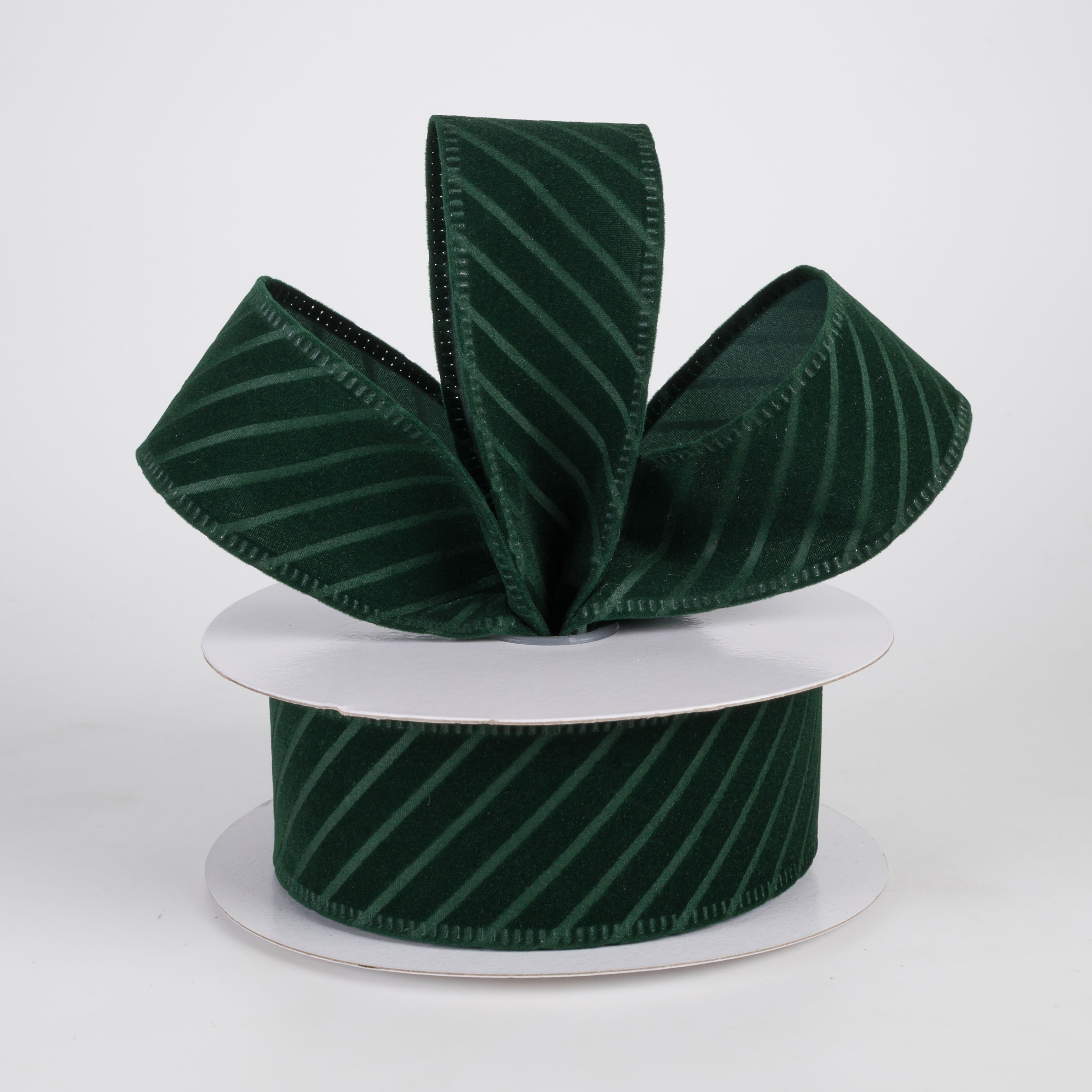 1.5" Diagonal Line Pressed Flat Velvet Ribbon: Hunter Green (10 Yards) Lifestyle Photo