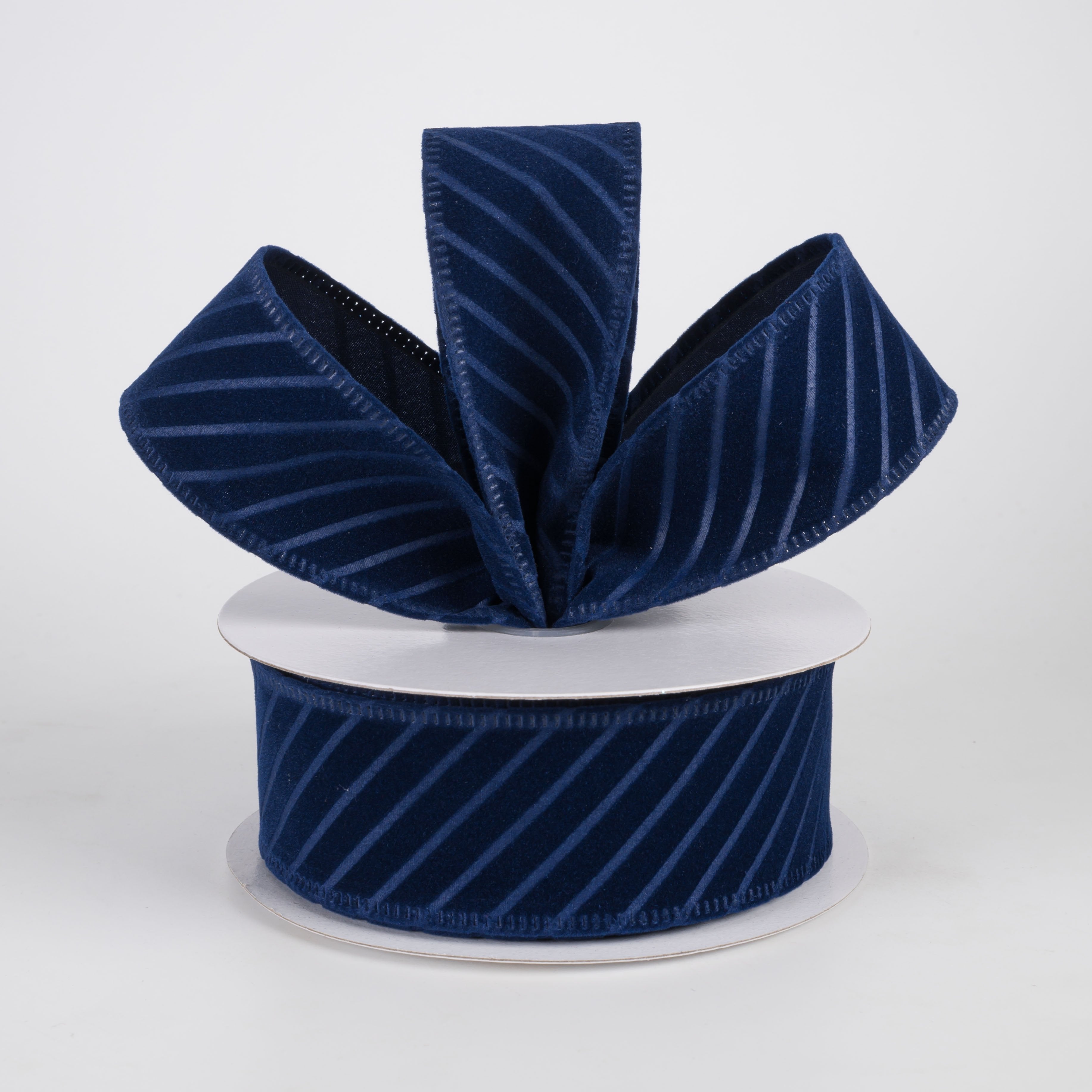 1.5" Diagonal Line Pressed Flat Velvet Ribbon: Navy Blue (10 Yards) Lifestyle Photo
