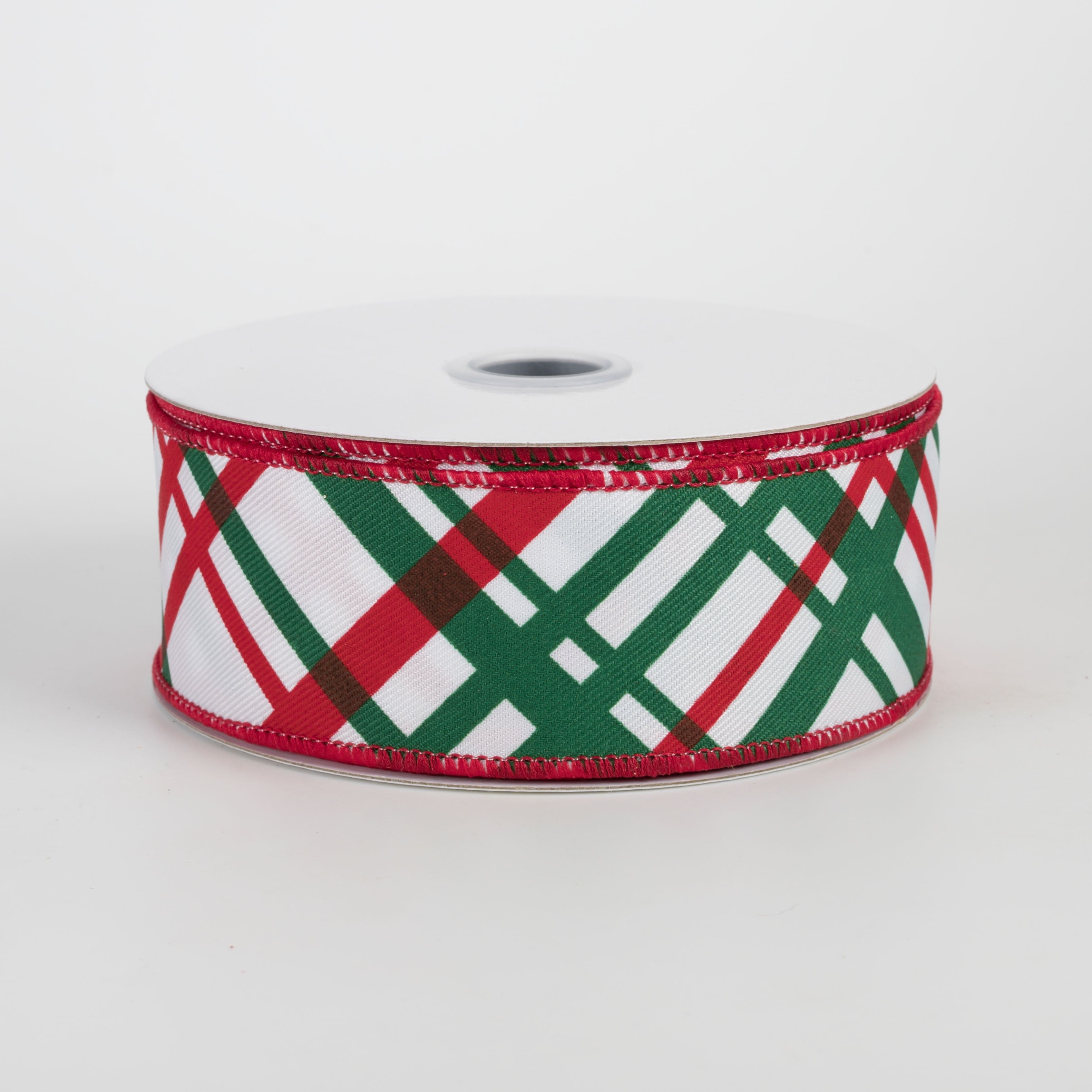 1.5" Diagonal Windowpane Plaid Ribbon: White, Red & Emerald (10 Yards) Item Number: RGE1652K2