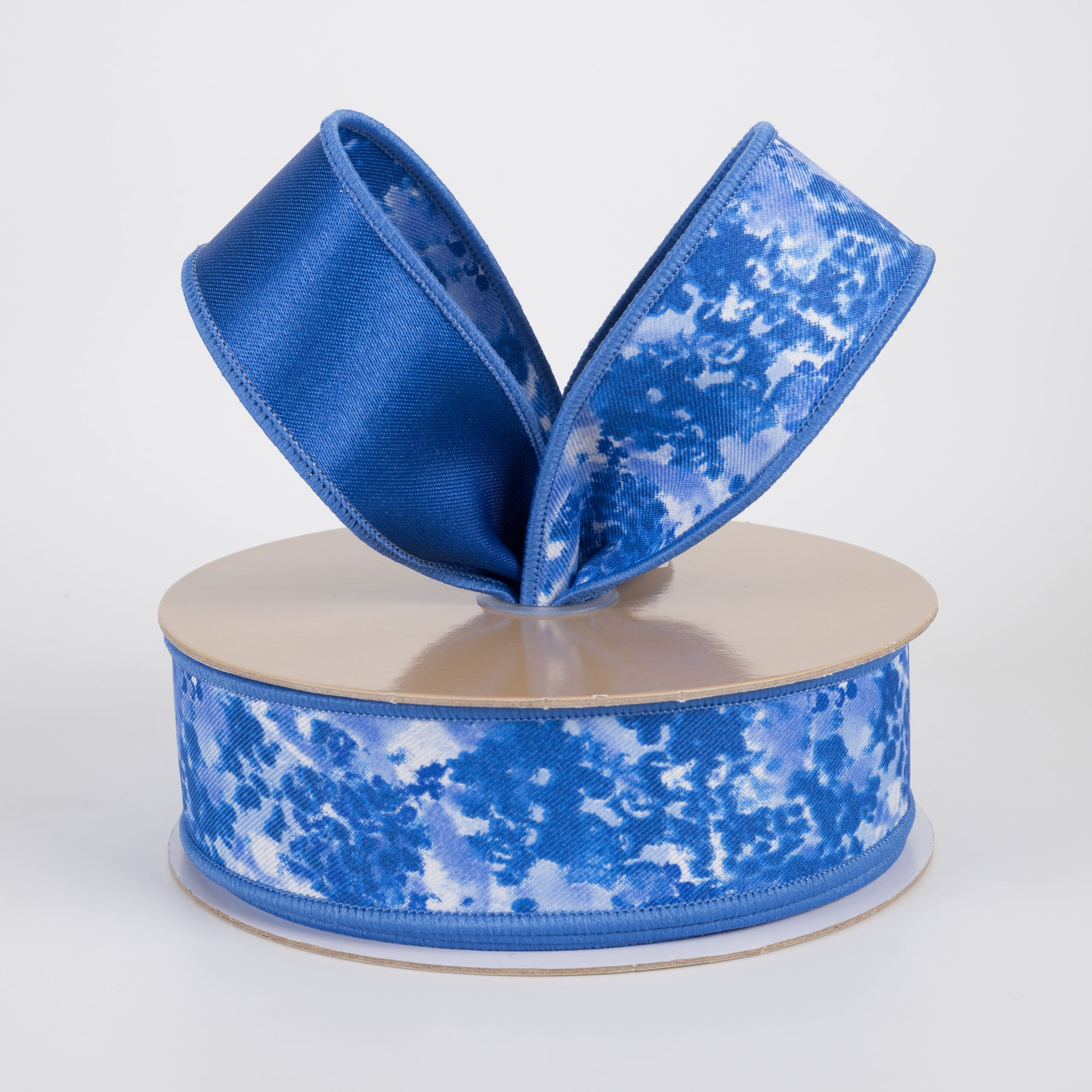 1.5" Double Sided Fused Abstract Print Ribbon: Blues & White (10 Yards) Lifestyle Photo
