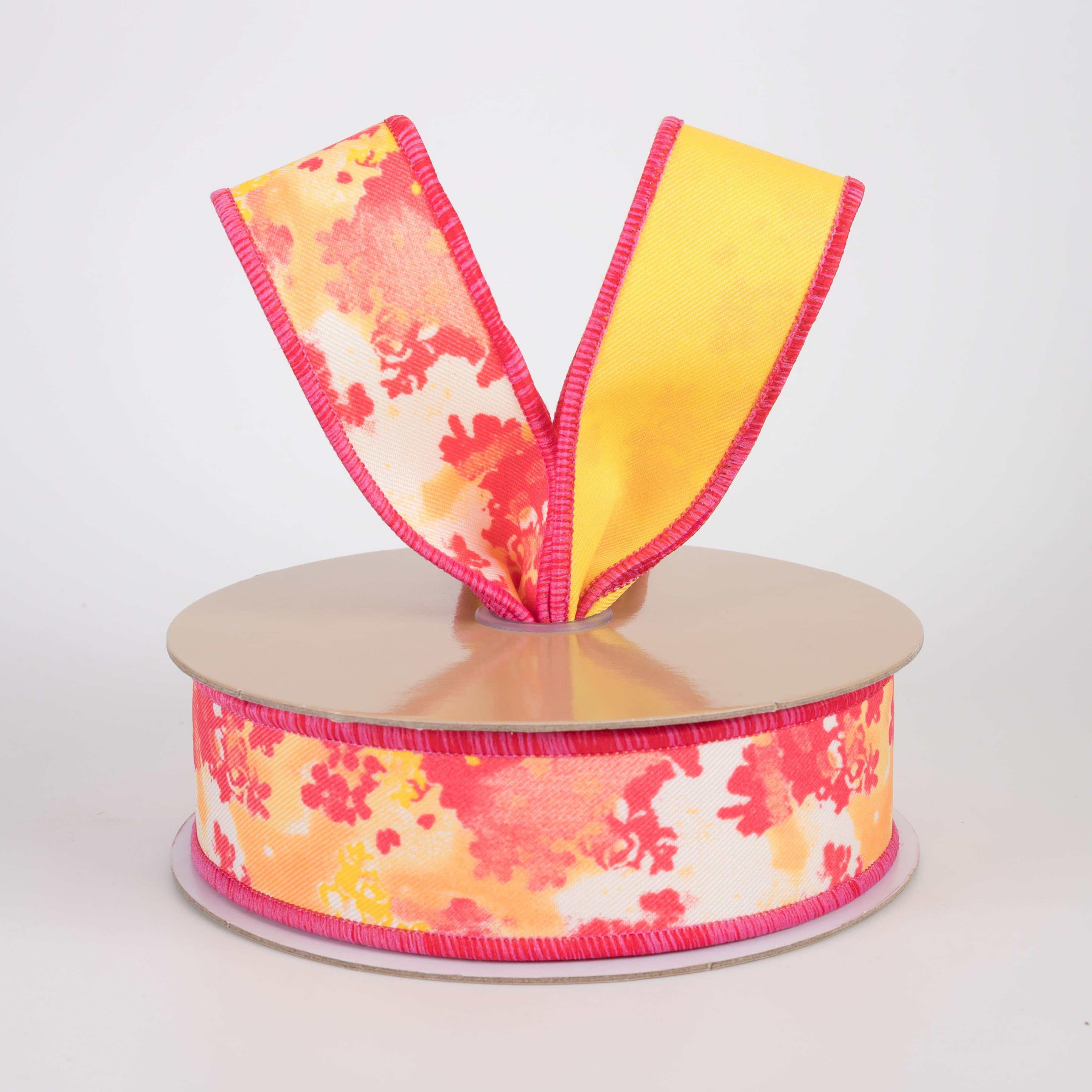1.5" Double Sided Fused Abstract Print Ribbon: Hot Pink & Yellow (10 Yards) Lifestyle Photo