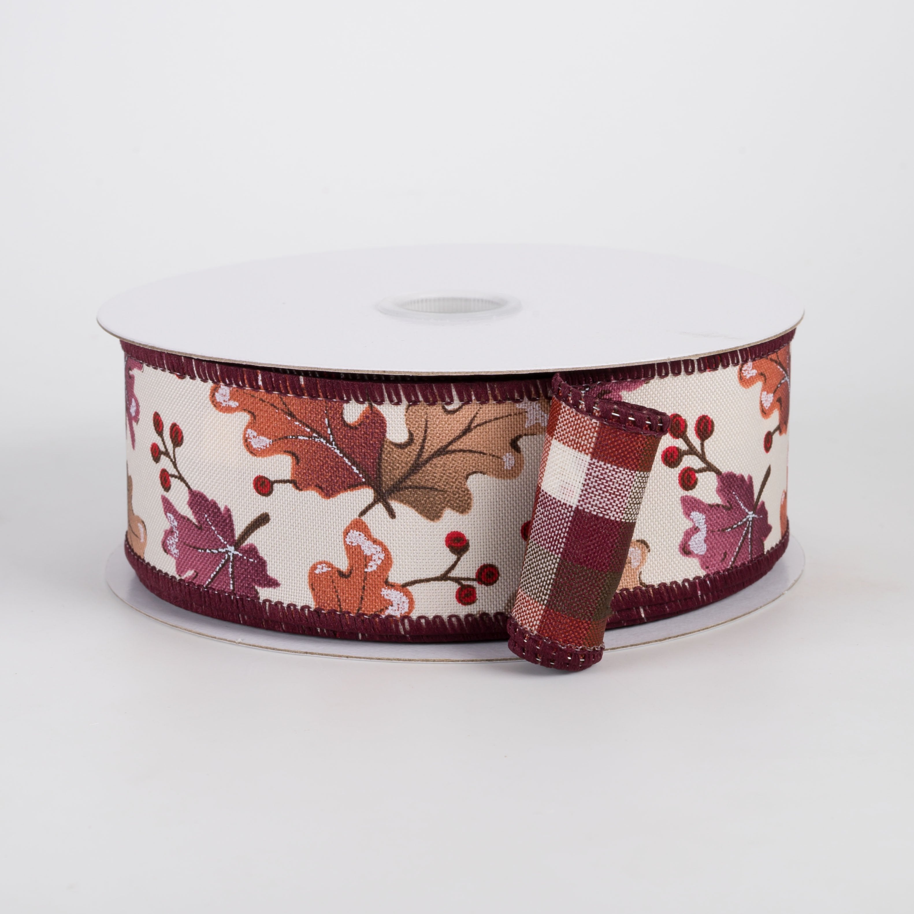 1.5" Double Sided Fused Autumn Leaves & Plaid Ribbon: Burgundy & Toffee (10 Yards) Item Number: D62601-09-10