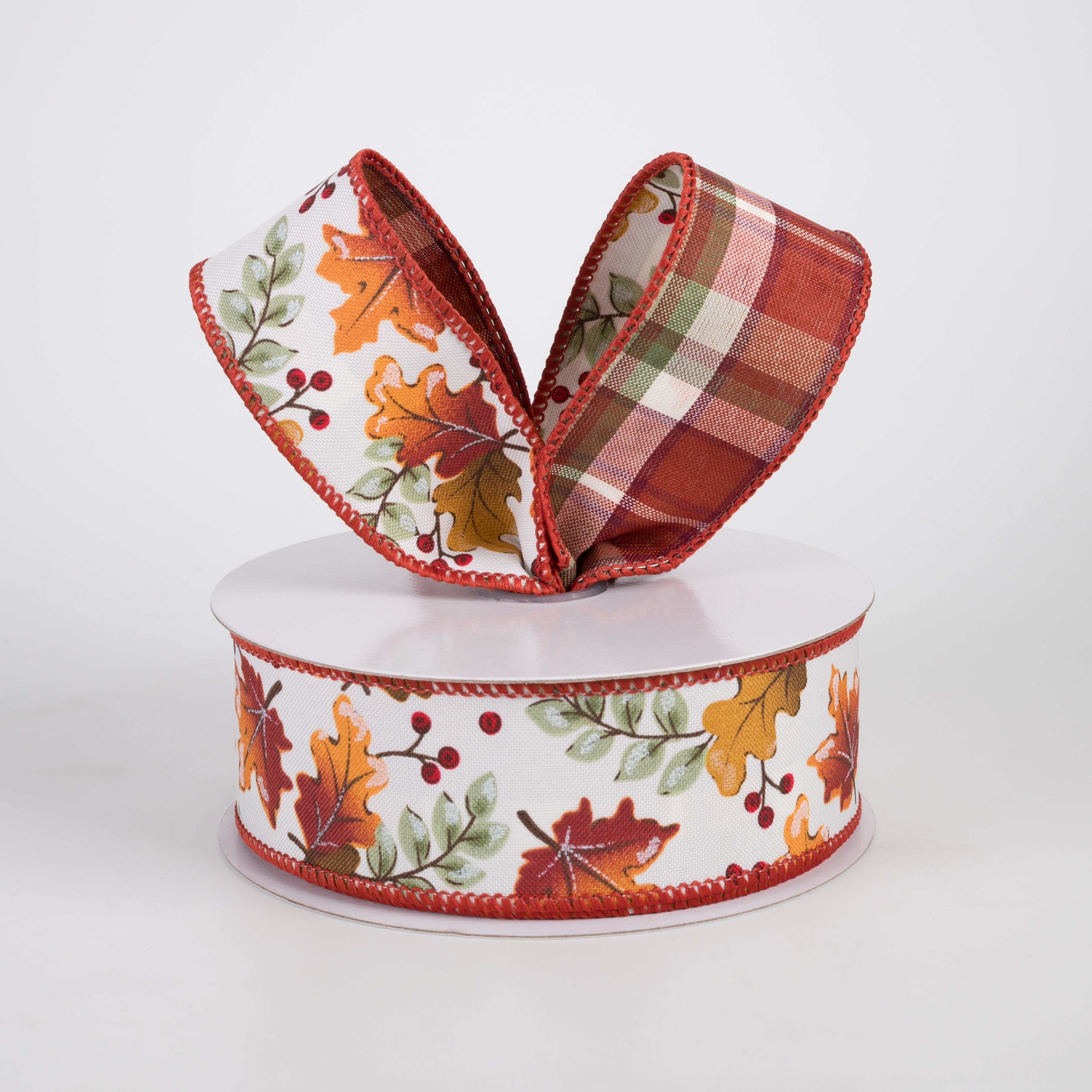 1.5" Double Sided Fused Autumn Leaves & Plaid Ribbon: Sage & Rust (10 Yards) Lifestyle Photo