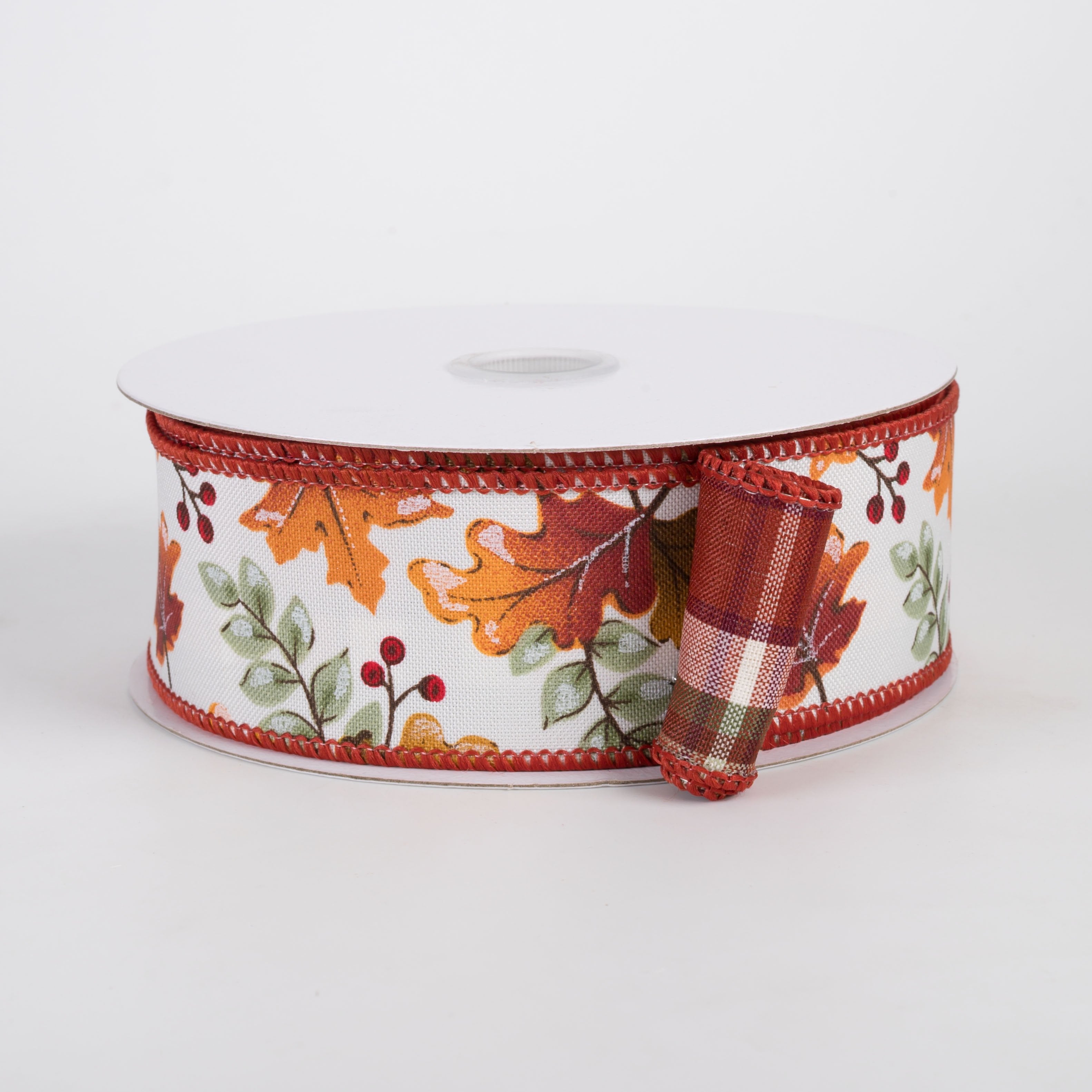 1.5" Double Sided Fused Autumn Leaves & Plaid Ribbon: Sage & Rust (10 Yards) Item Number: D62601-09-06