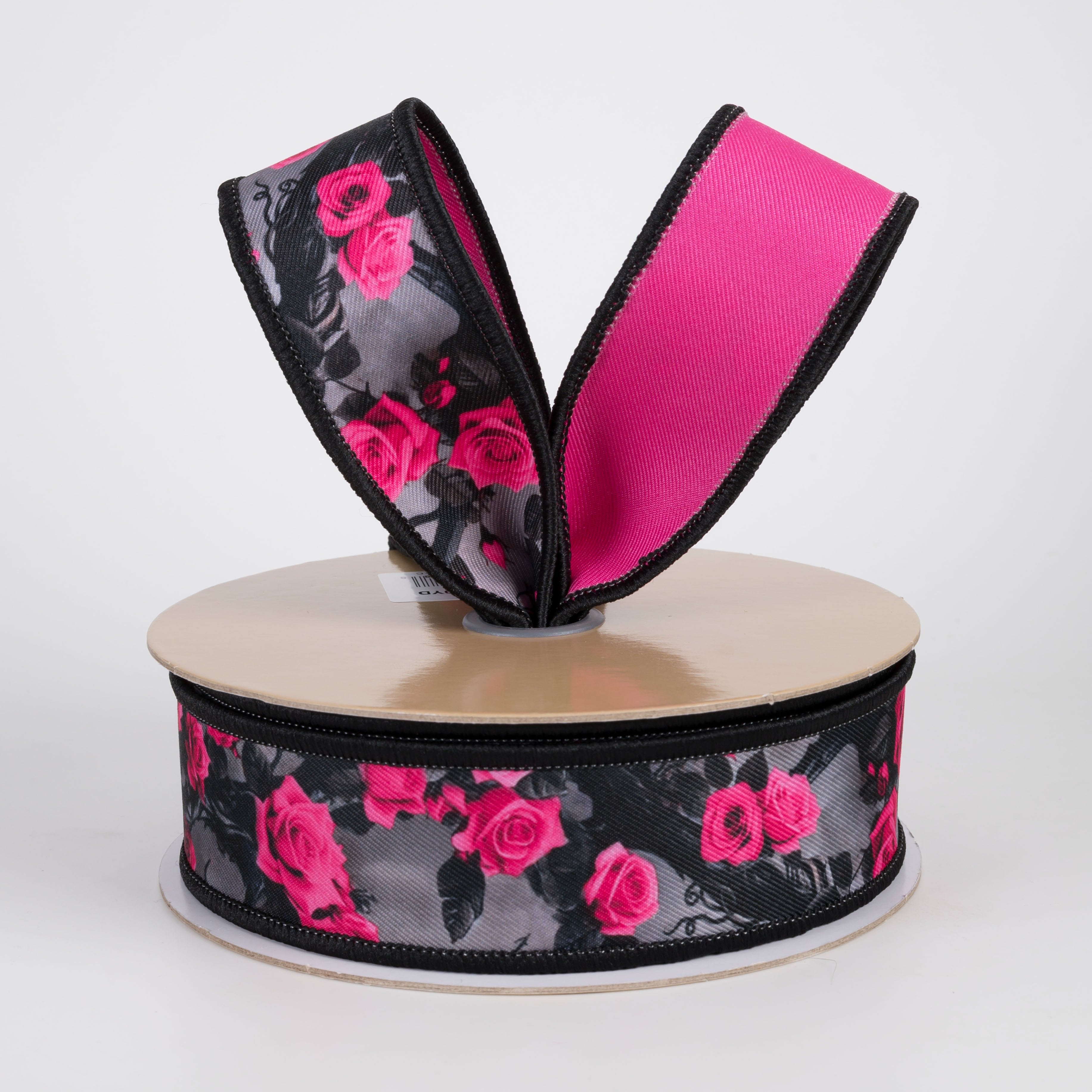 1.5" Double Sided Fused Roses & Vines Ribbon: Hot Pink & Black (10 Yards) Lifestyle Photo
