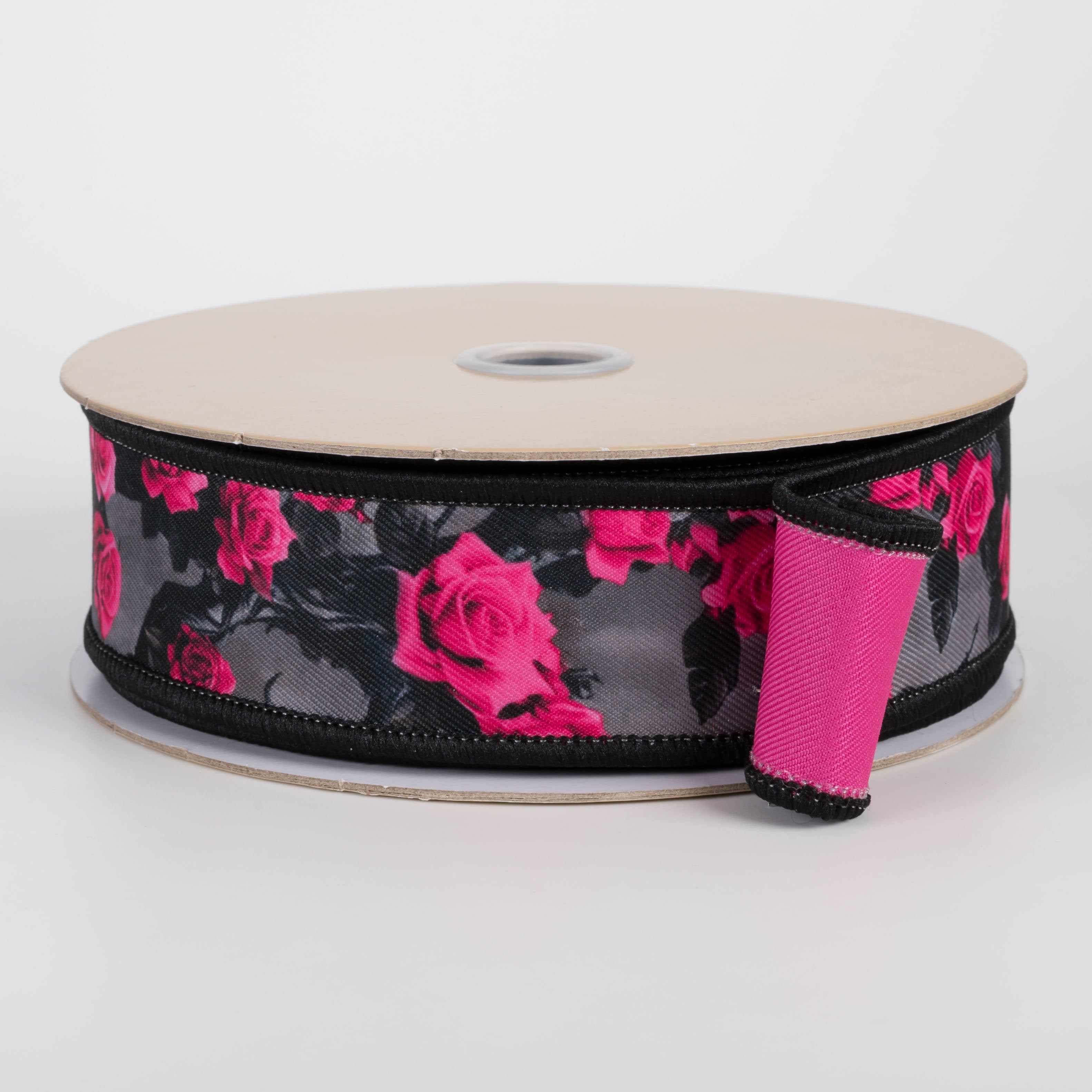 1.5" Double Sided Fused Roses & Vines Ribbon: Hot Pink & Black (10 Yards) Item Number: LX126111