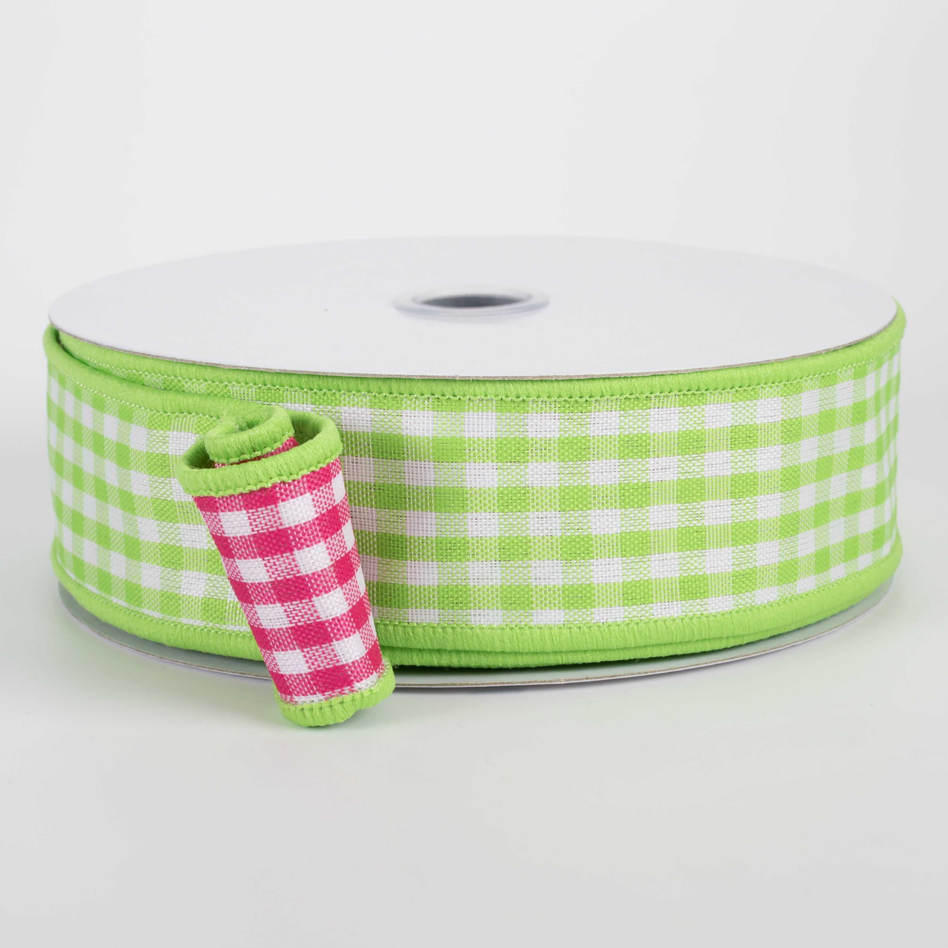 1.5" Double Sided Gingham Check Ribbon: Lime & Hot Pink (10 Yards) Item Number: RGV003033