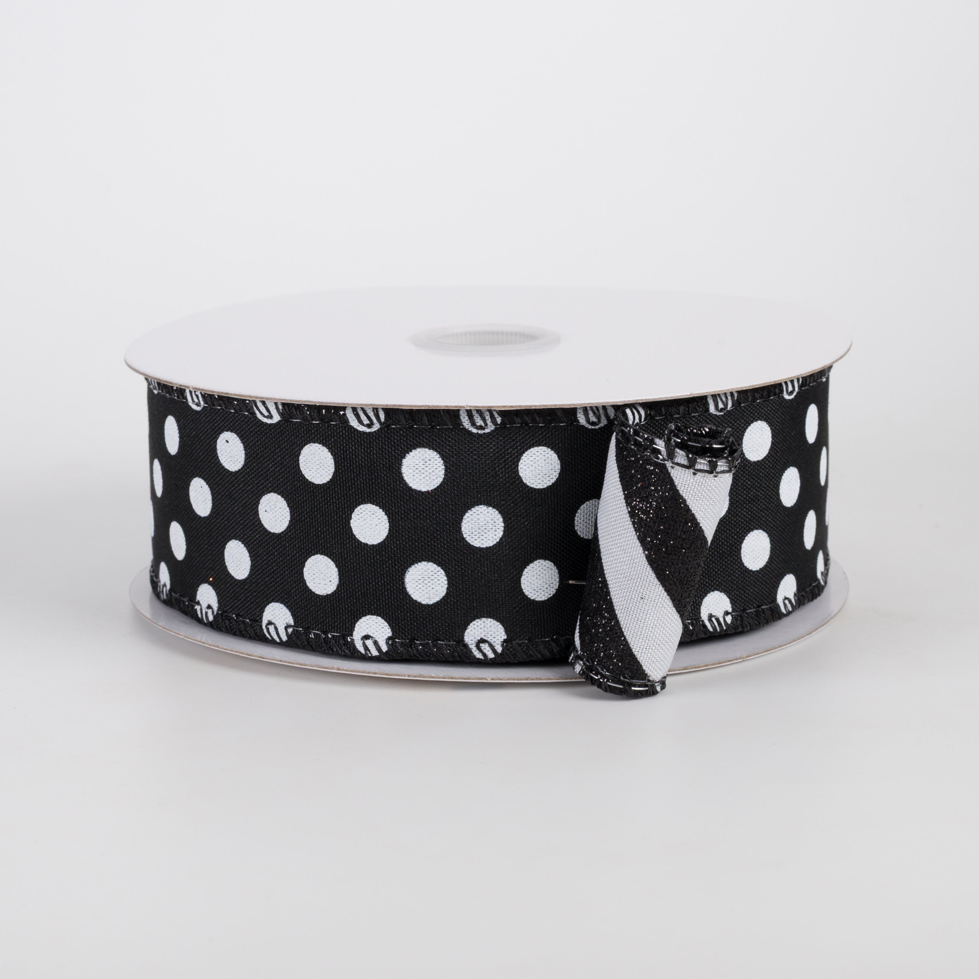 1.5" Double Sided Satin Dots & Glitter Candy Cane Stripes Ribbon: Black & White (10 Yards) Item Number: D73582-09-20