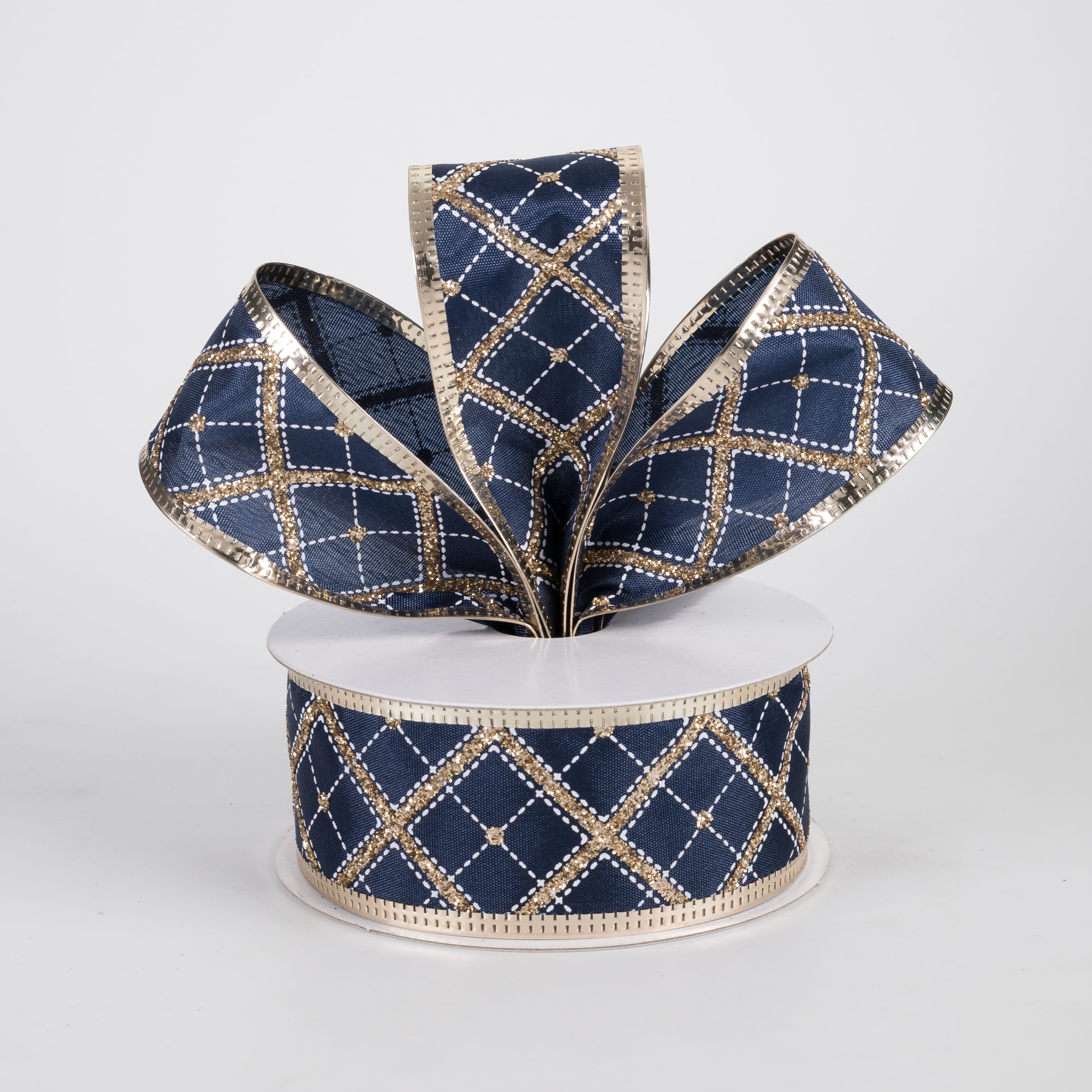 1.5" Glitter Cross Diagonal Plaid Ribbon: Gold on Navy (10 Yards) detail photo 6