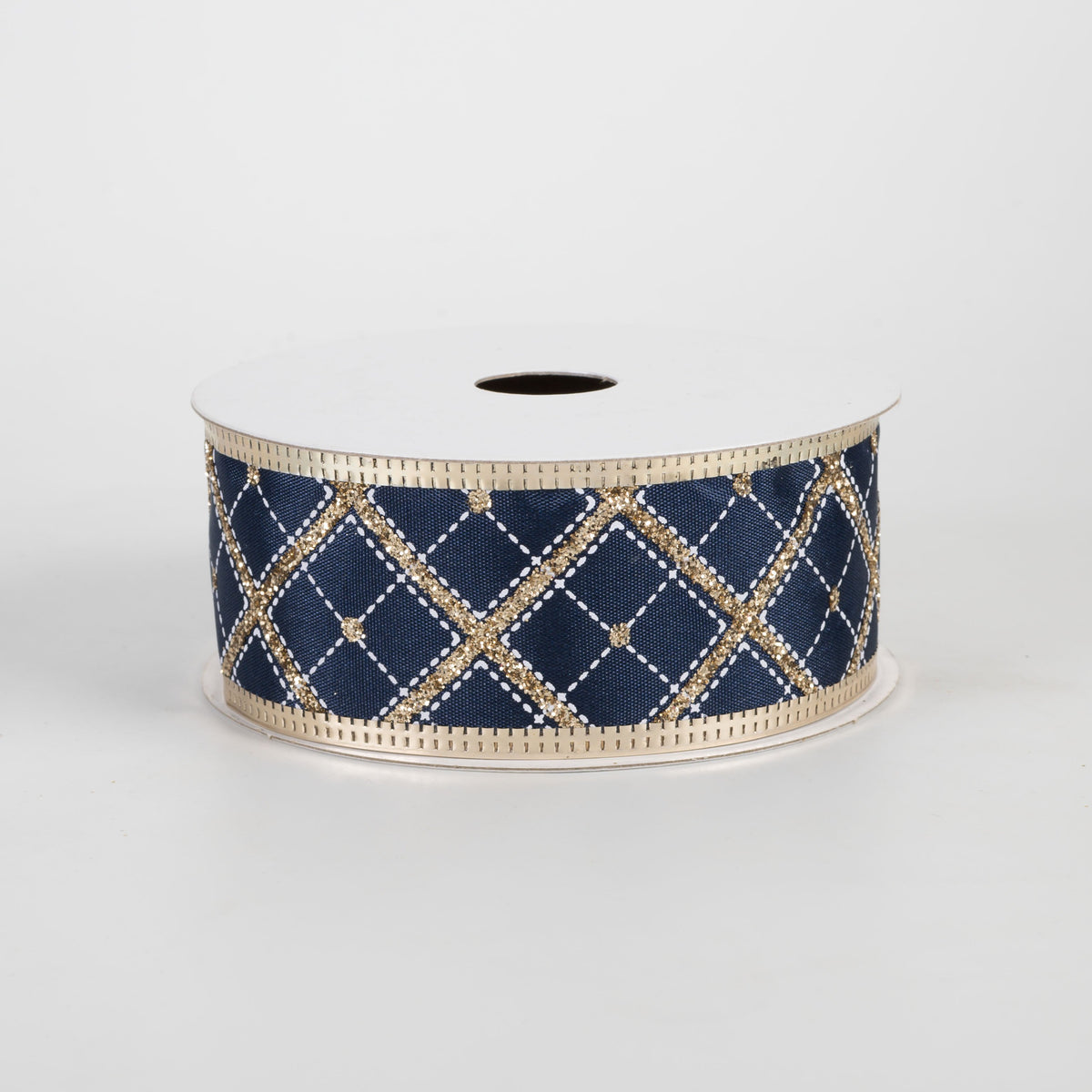 1.5" Glitter Cross Diagonal Plaid Ribbon: Gold on Navy (10 Yards) Item Number: 76341-09-14