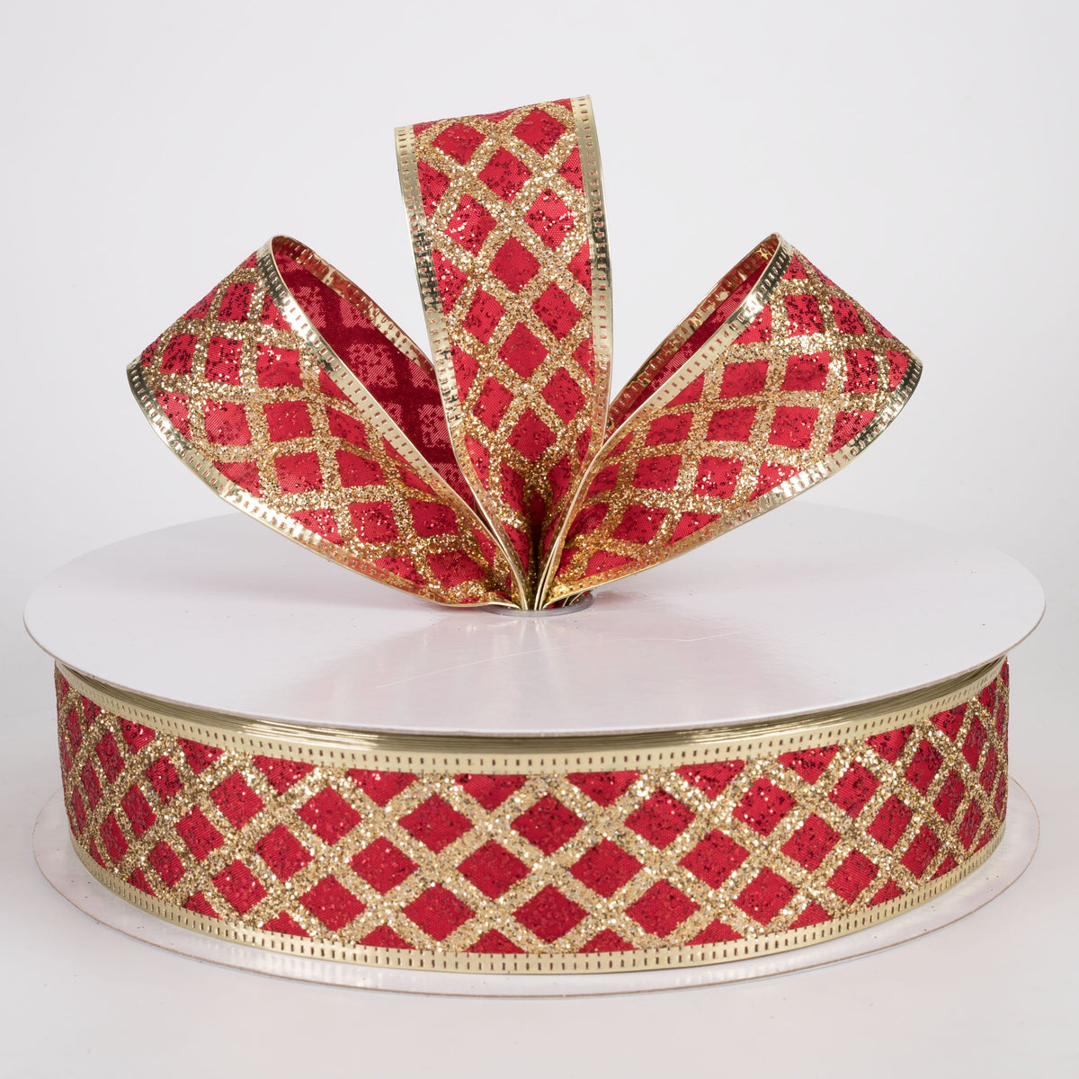 1.5" Glitter Cross Stripe Metallic Edge Ribbon: Gold on Red (50 Yards) Lifestyle Photo