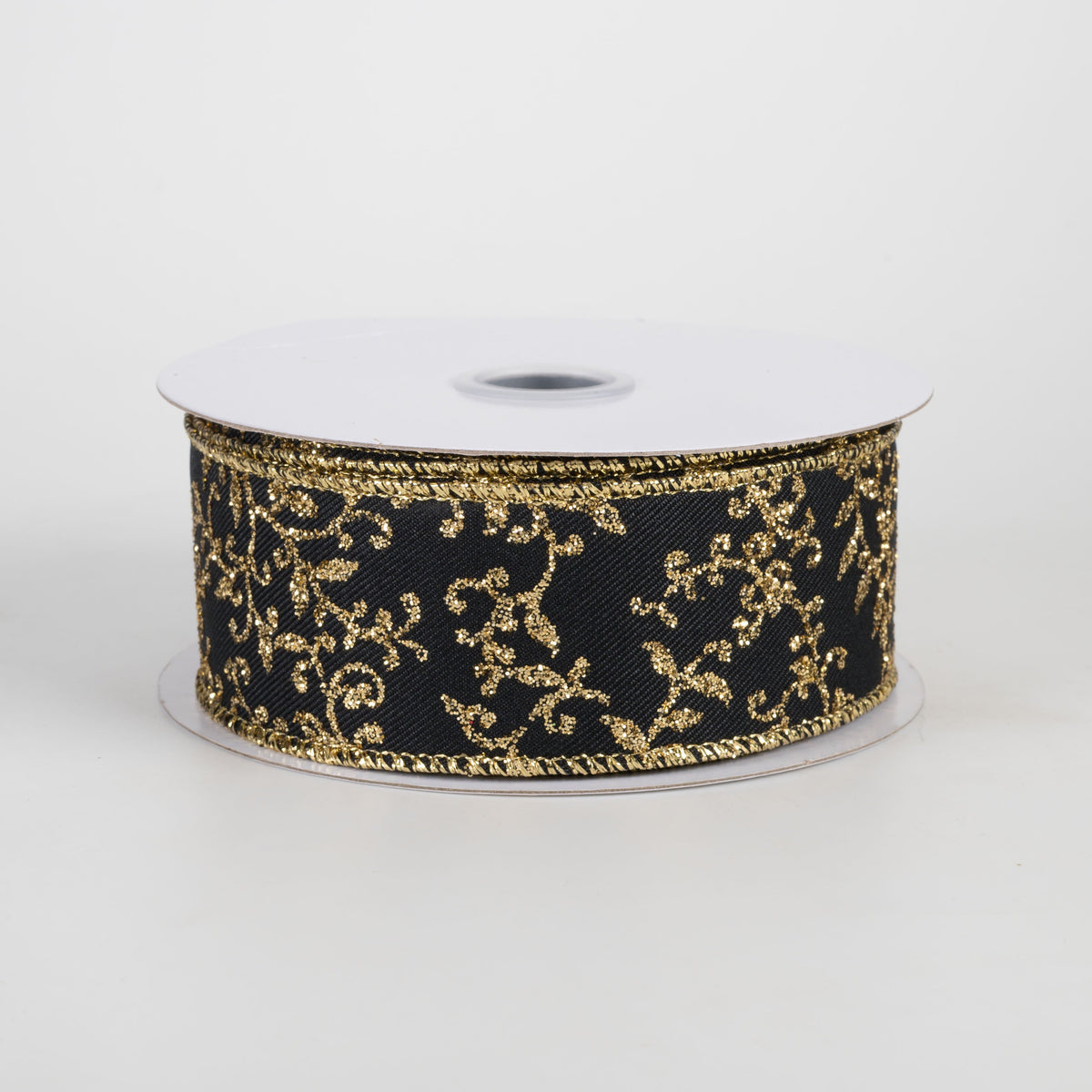 1.5" Glitter Mini Leaf Vines Ribbon: Black & Gold (10 Yards) Item Number: RGF131286