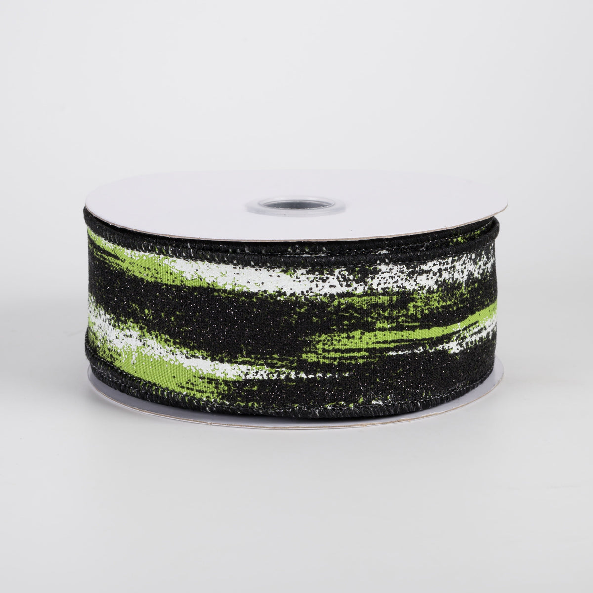 1.5" Glitter Paint Strokes Ribbon: Black & White on Lime Green (10 Yards) Item Number: RGH14547H