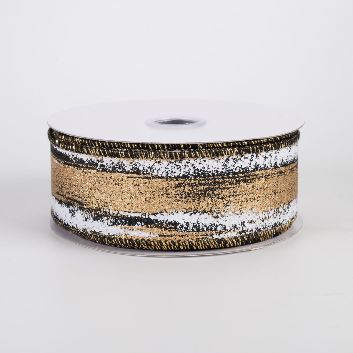 1.5" Glitter Paint Strokes Ribbon: White & Gold on Black (10 Yards) Item Number: RGH145786