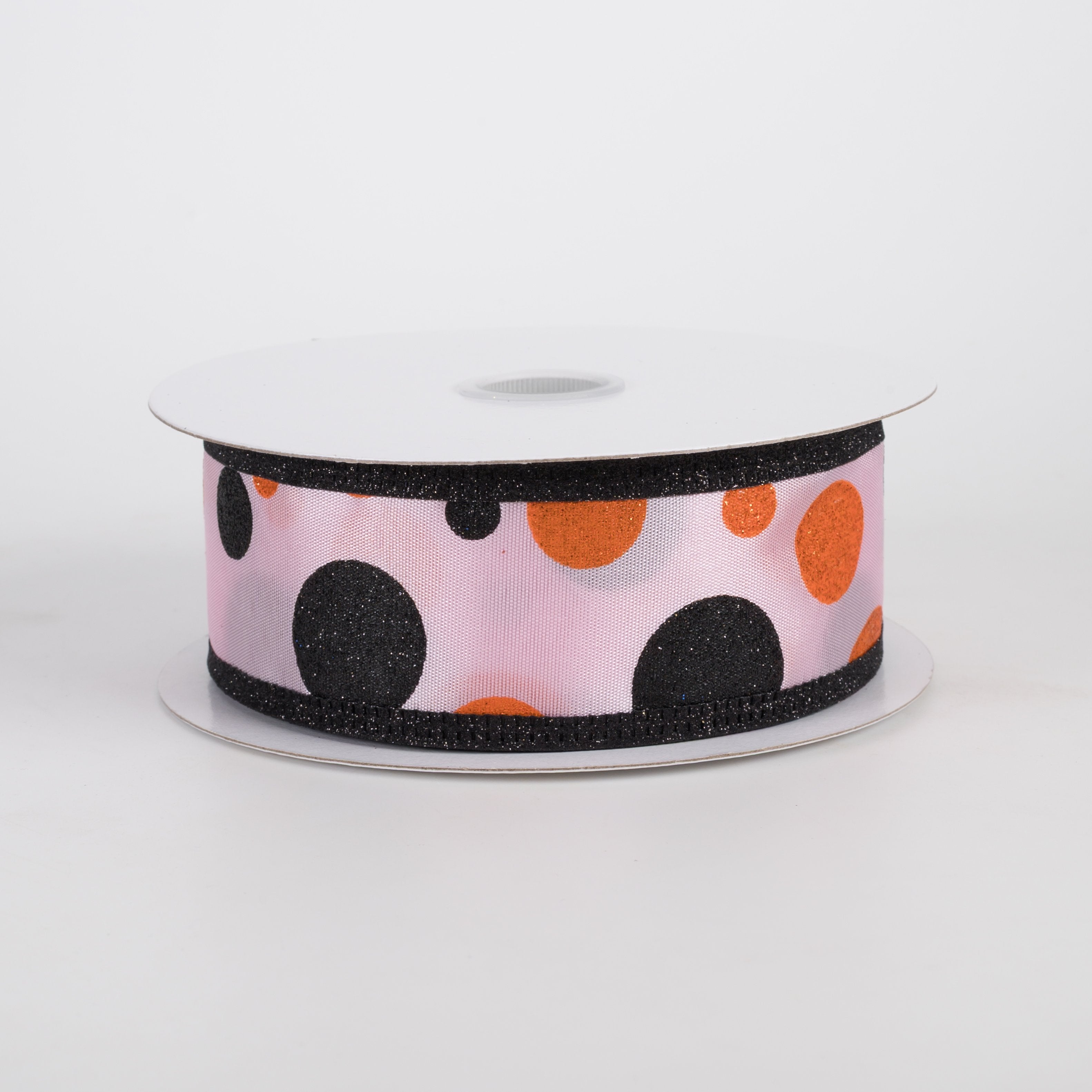 1.5" Glitter Polka Dots Ribbon: Orange & Black on Pink (10 Yards) Item Number: 56611-09-03