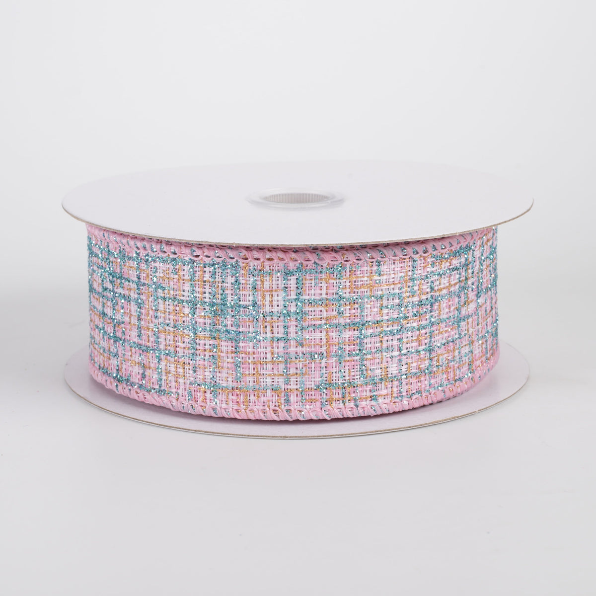 1.5" Glitter Print Tweed Ribbon: Pink, White, Aqua & Gold (10 Yards) Item Number: 72611-09-44