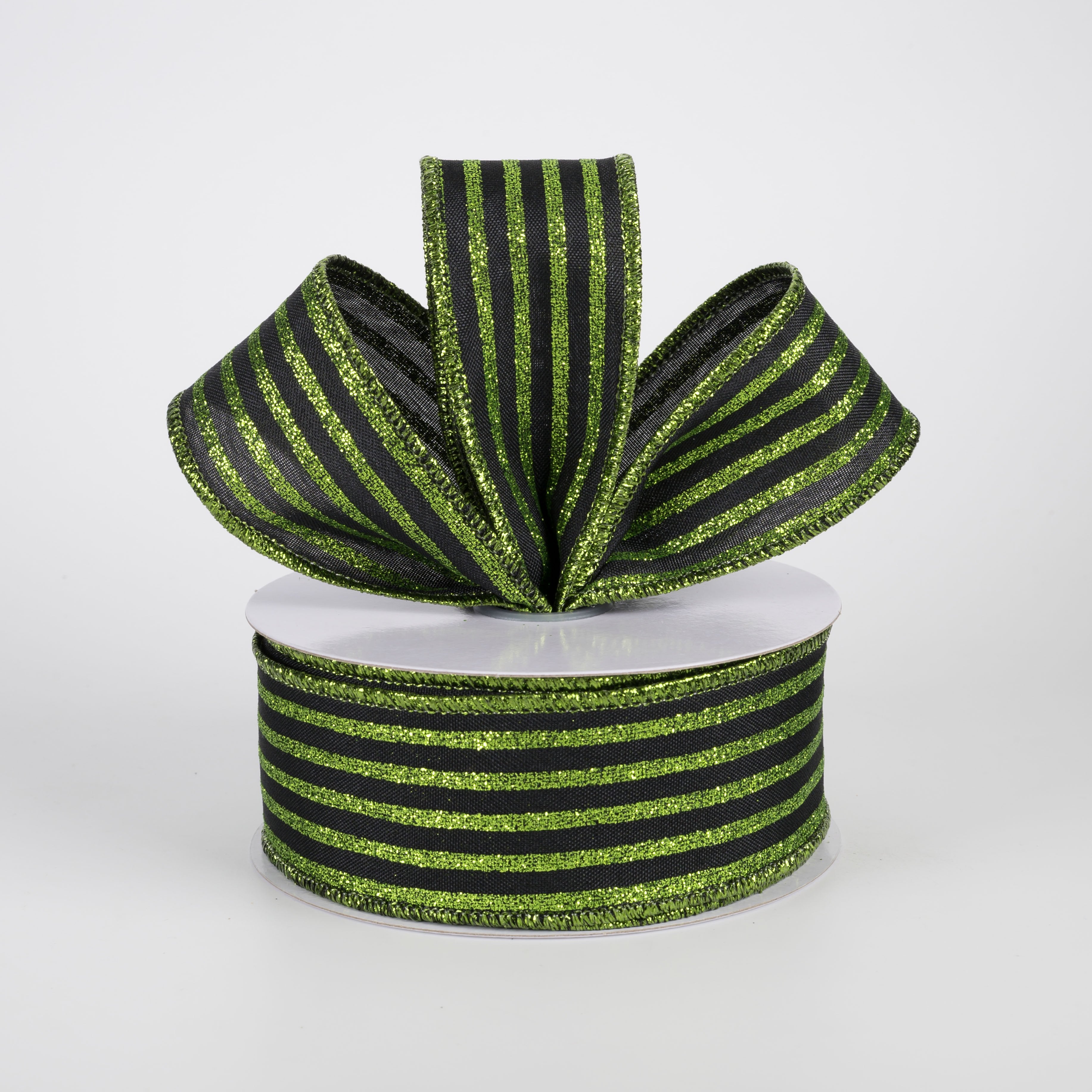 1.5" Glitter Vertical Stripe Ribbon: Lime Green on Black (10 Yards) Lifestyle Photo