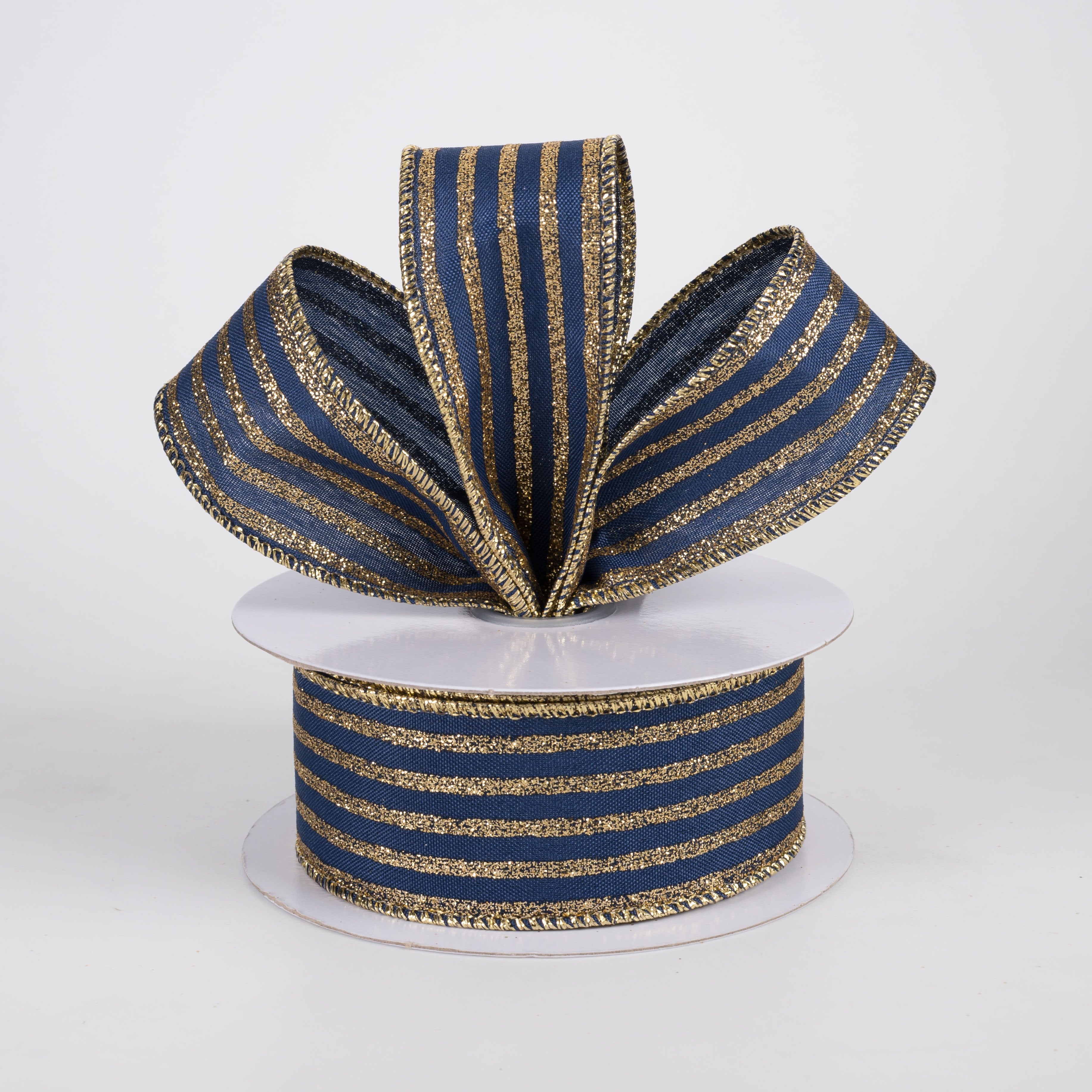 1.5" Glitter Vertical Stripe Ribbon: Navy Blue on Gold (10 Yards) Lifestyle Photo