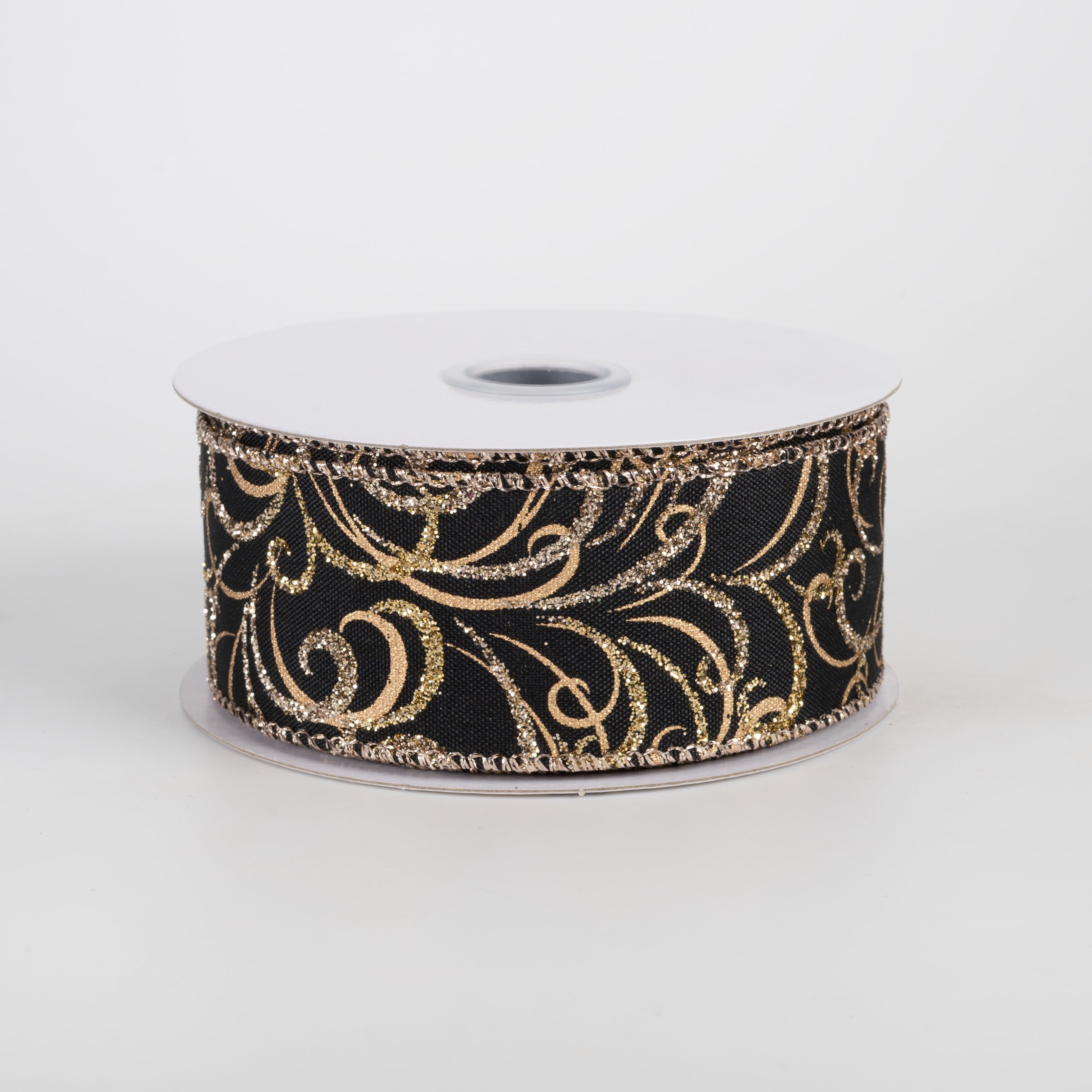 1.5" Glittered Multi Swirls Ribbon: Champagne & Gold on Black  (10 Yards) Item Number: RGF133402