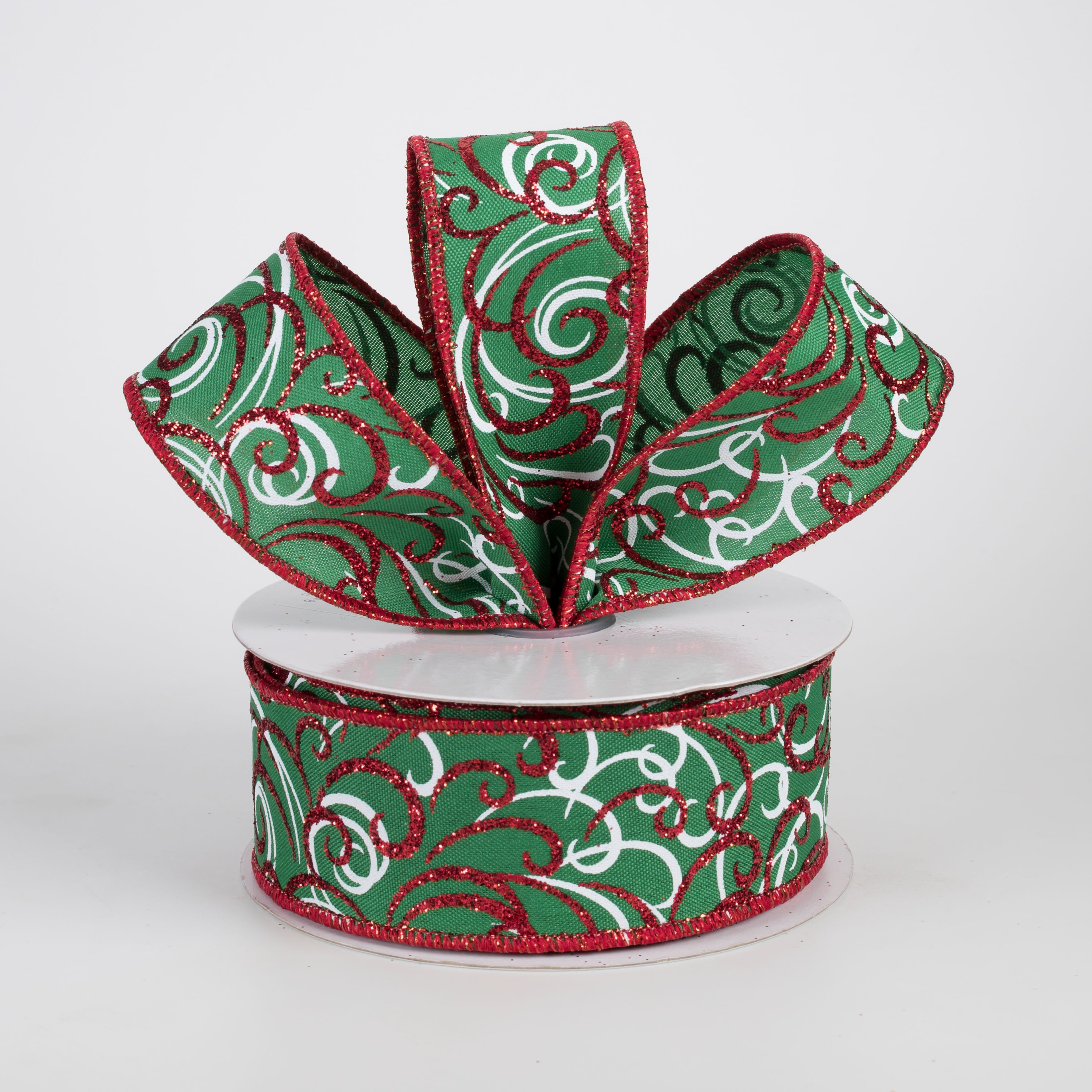 1.5" Glittered Multi Swirls Ribbon: Red & White on Emerald (10 Yards) Lifestyle Photo