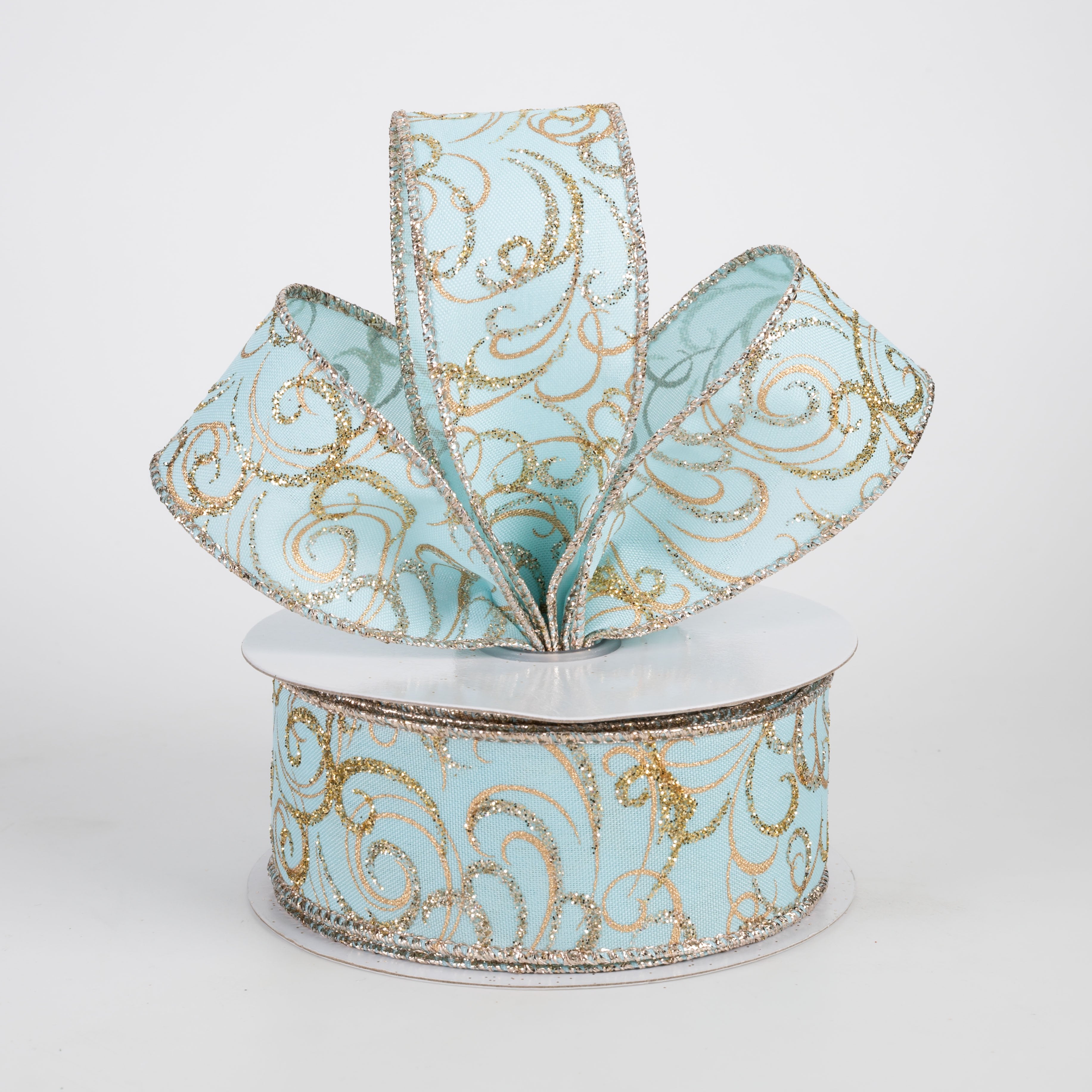 1.5" Glittered Multi Swirls Ribbon: Soft Turquoise, Champagne & Gold (10 Yards) Lifestyle Photo