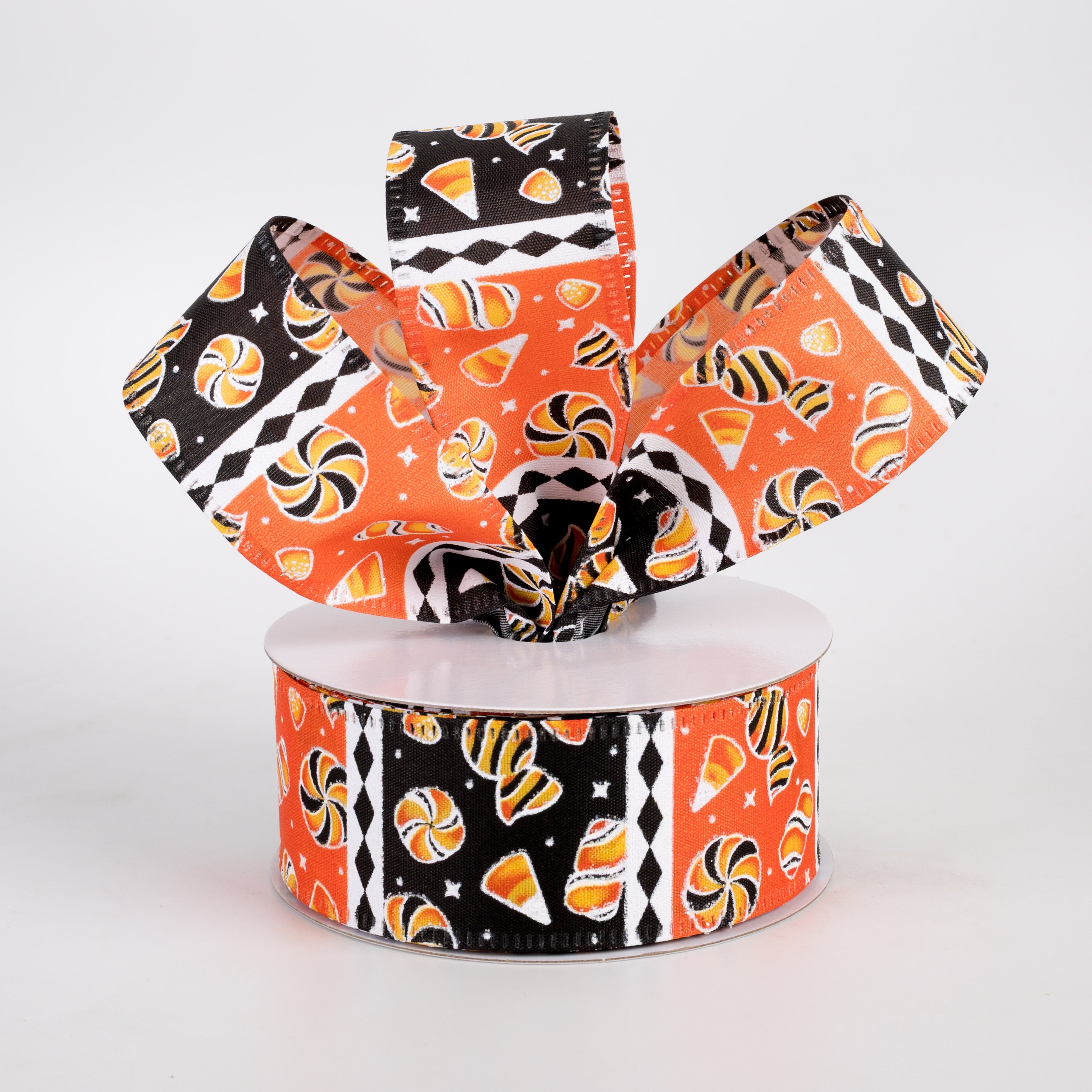 1.5" Halloween Candy Cubes Ribbon: Orange & Black (10 Yards) Lifestyle Photo