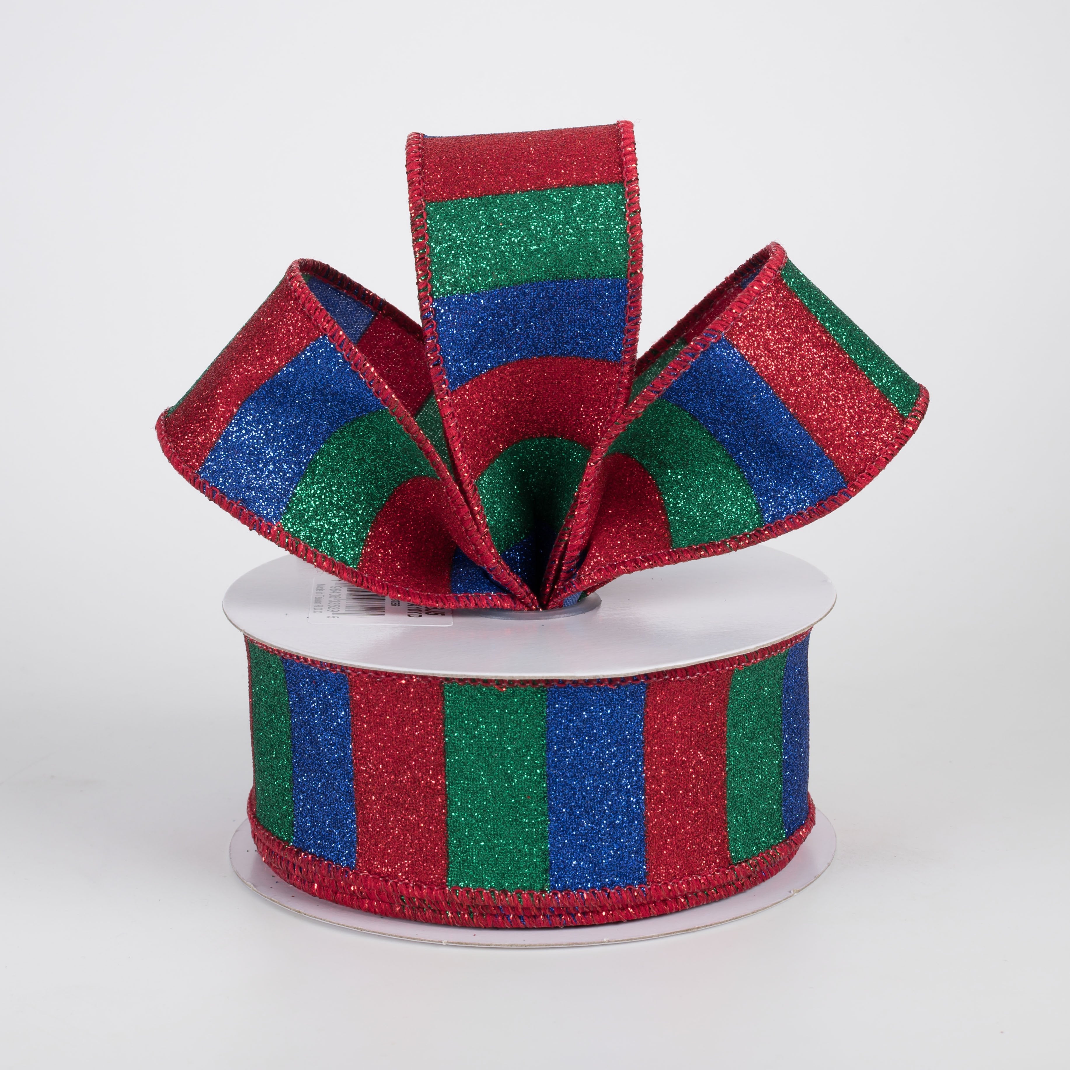 1.5" Horizontal Glitter Stripes Ribbon: Red, Blue & Green (10 Yards) Lifestyle Photo