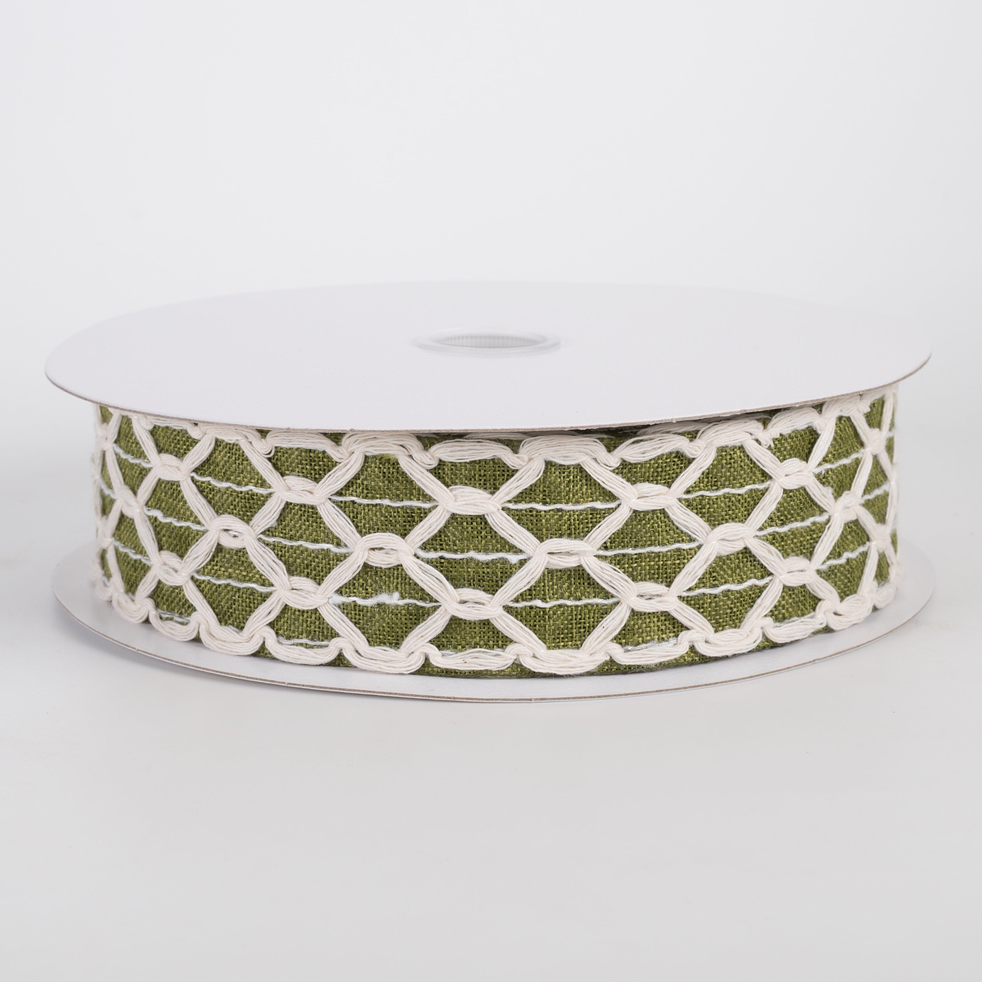 1.5" Ivory Scalloped Weave on Linen Ribbon: Moss Green (10 Yards) Item Number: 41538-09-08