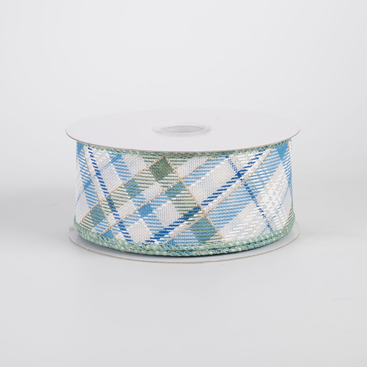 1.5" Linen Diagonal Plaid Ribbon: Blue & Green on Ivory (10 Yards) Item Number: 71653-09-05